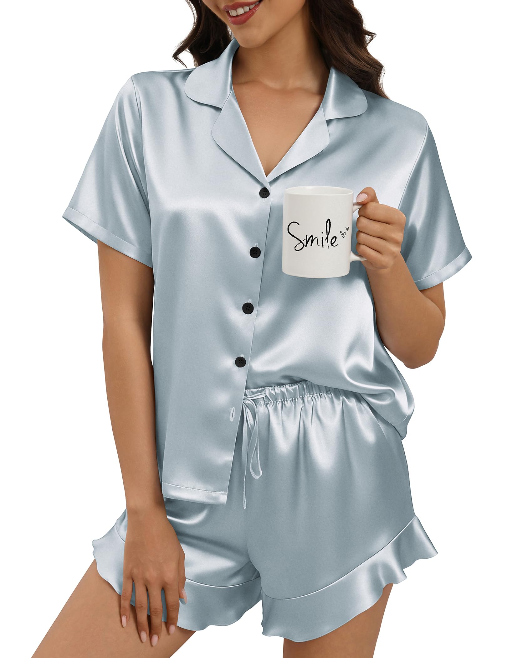 Silk Pajamas for Women Button Down 2 Piece Satin Pjs Shorts Set Ruffle Notch Collar Sleepwear Loungewear