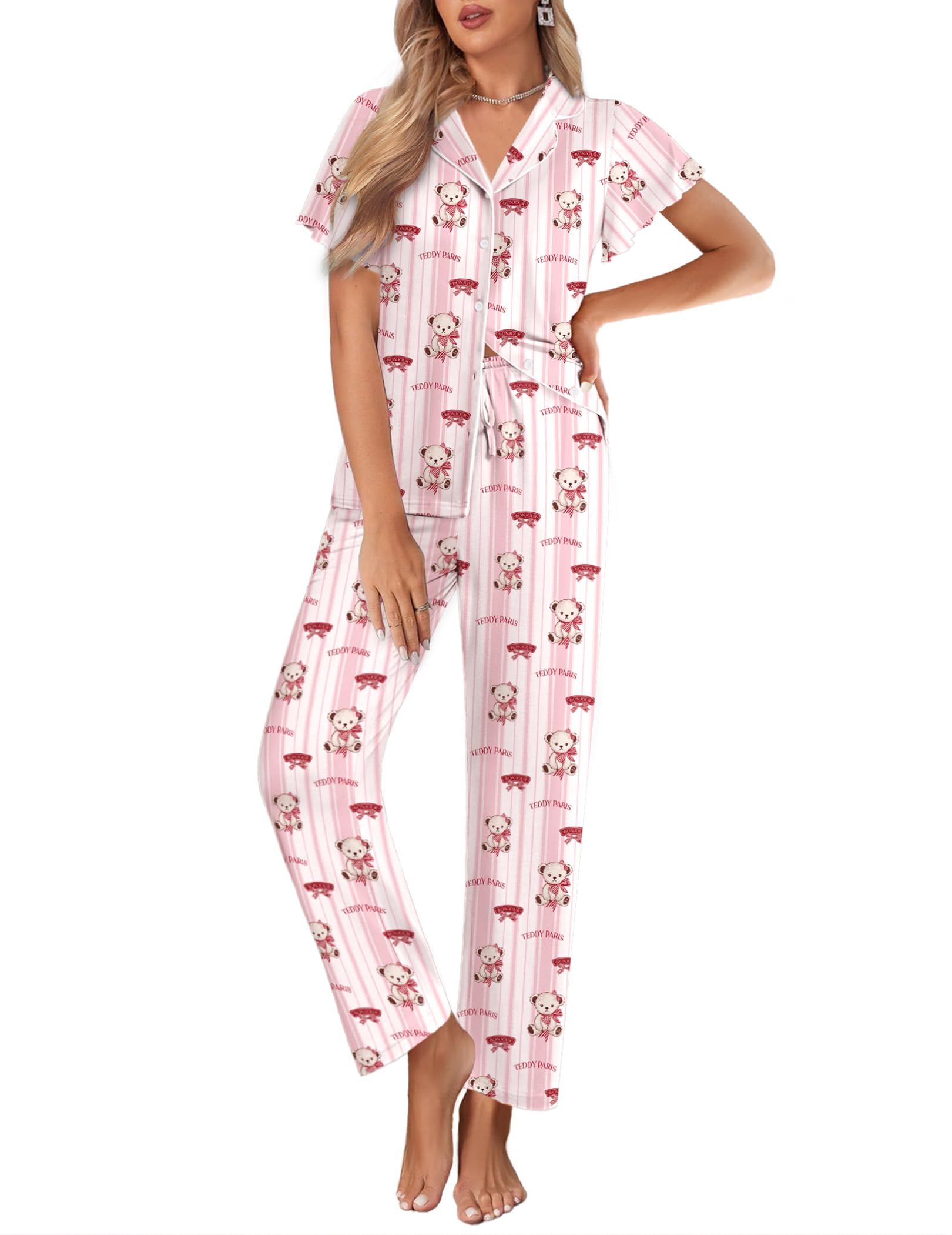 Ekouaer Pajamas for Women Set Ruffle Sleeve Button Up with Long Pants