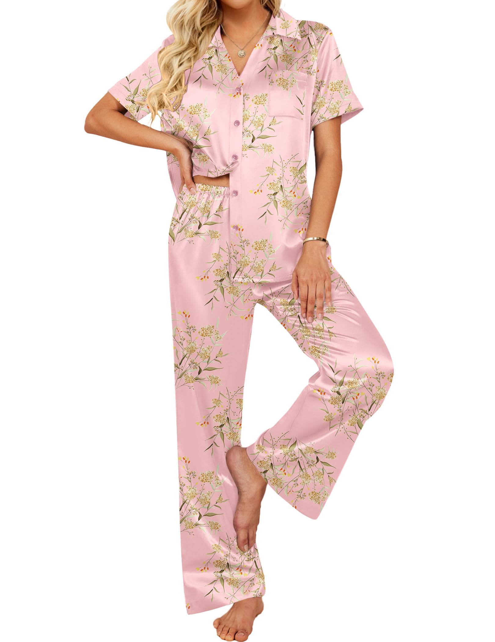 Ekouaer Silk Pajamas for Womens Set 2 Piece Fall Pjs Button Down Sleepwear