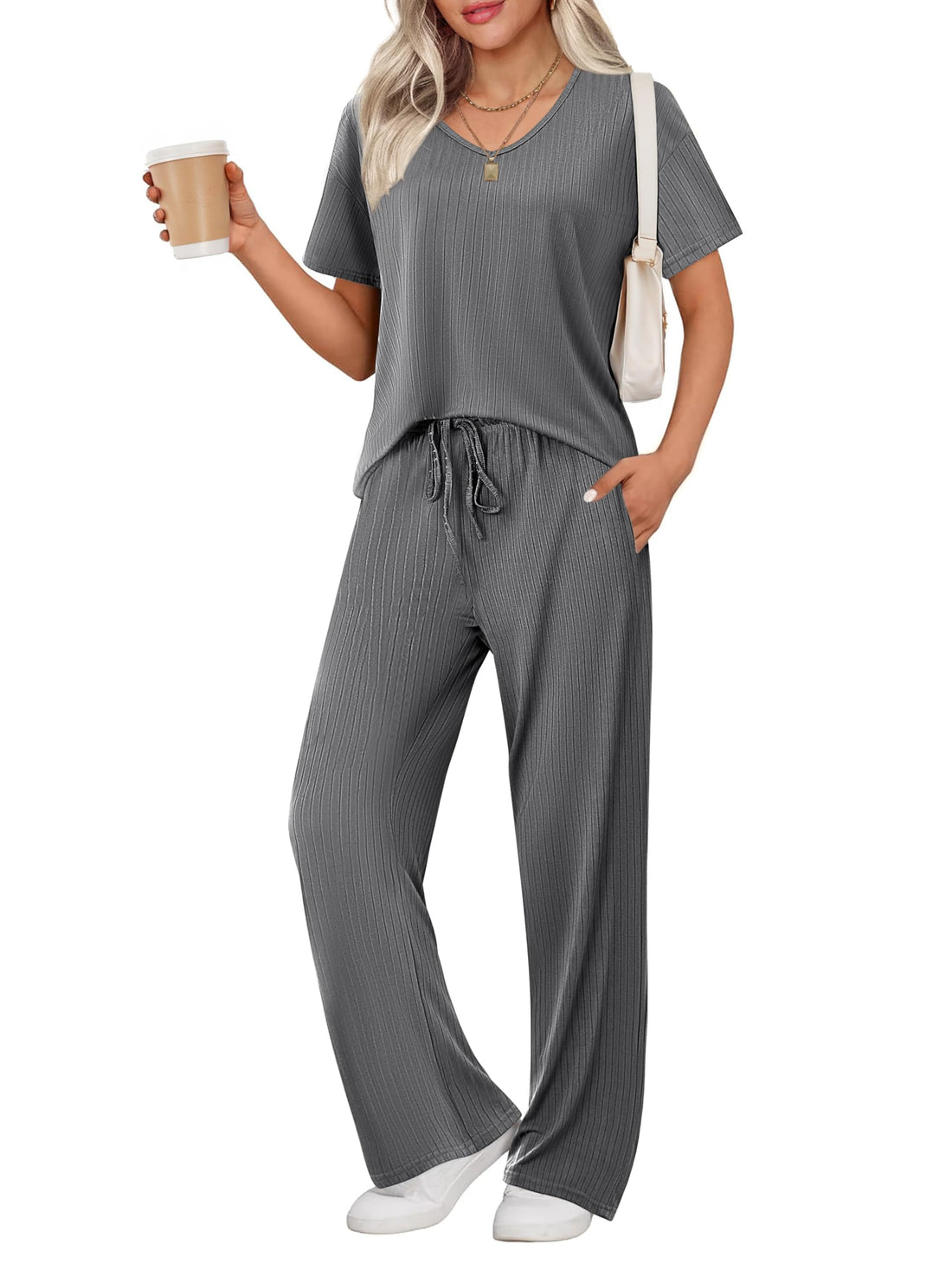 Ekouaer Womens Ribbed Knit Lounge Set Short Sleeve Top and Long Pants Sleepwear Pajama Set Two Piece Matching Outfits Set