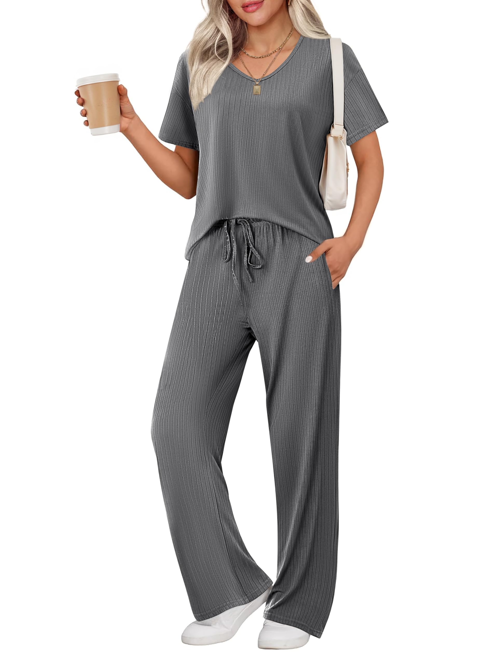 Ekouaer Womens Ribbed Knit Lounge Set Short Sleeve Top and Long Pants Sleepwear Pajama Set Two Piece Matching Outfits Set