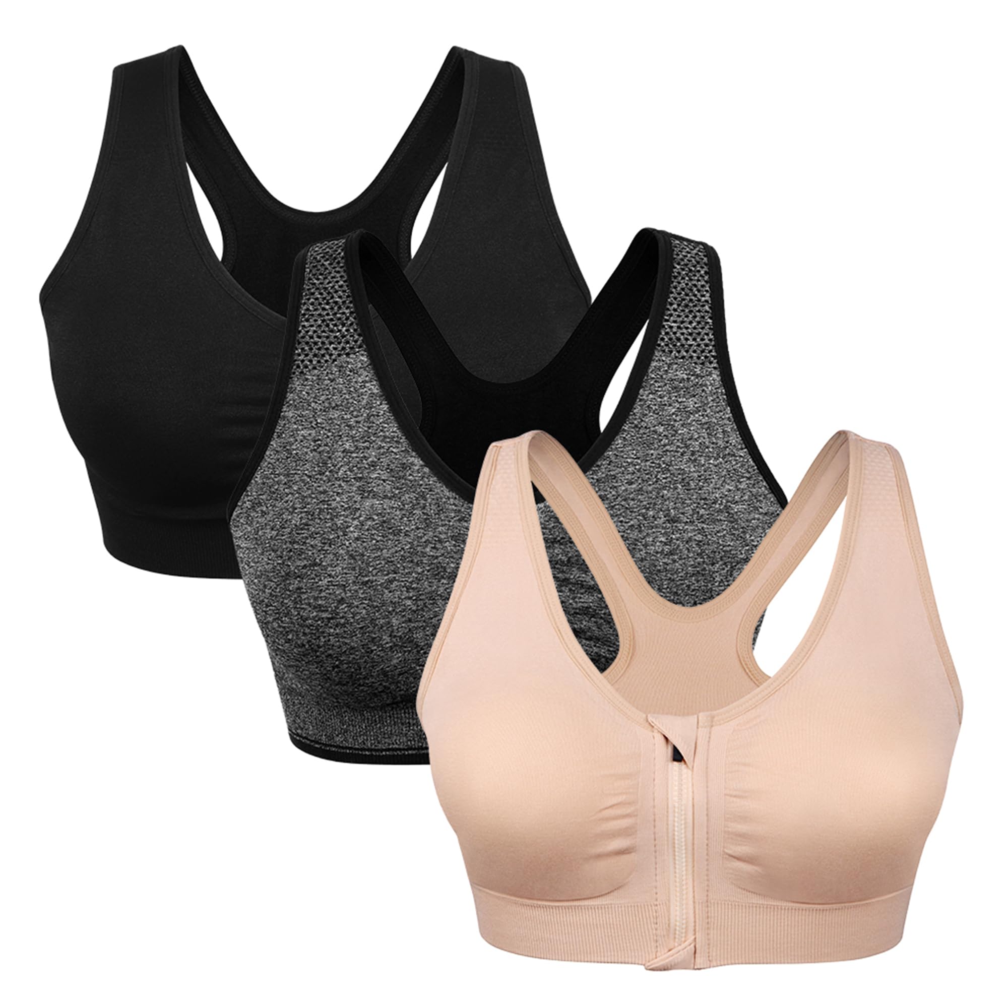 Women's Zip Front Sports Bra Wireless Post-Surgery Bra Workout Sports Bras | Zipper Front Closure, Surgical Mastectomy Bra, Post Op, Compression, Comfort, Medium Support, Active, Yoga, Removable Pads