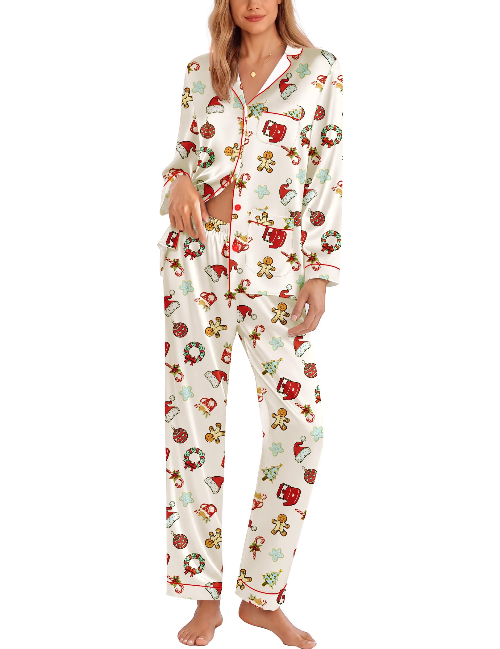 Ekouaer Pajamas for Women Silk Satin Button Down Long Sleeve Pajama Sets