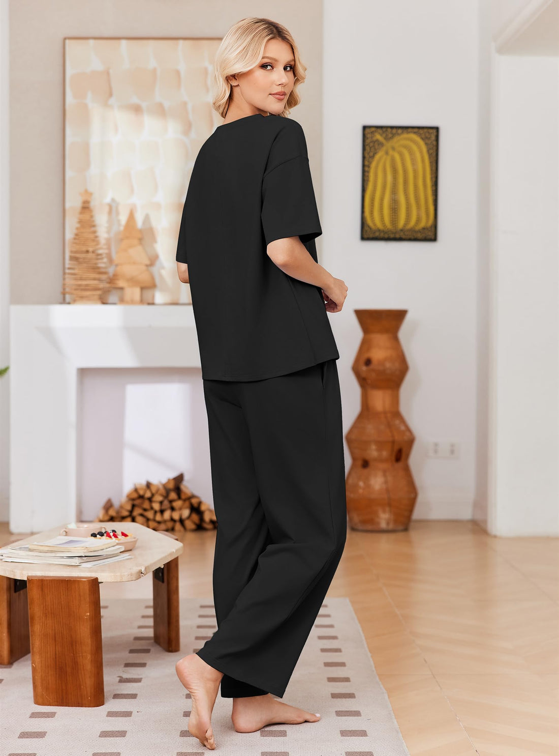 Ekouaer Womens Pajama Sets Cotton Short Sleeve Long Pants Lounge Set