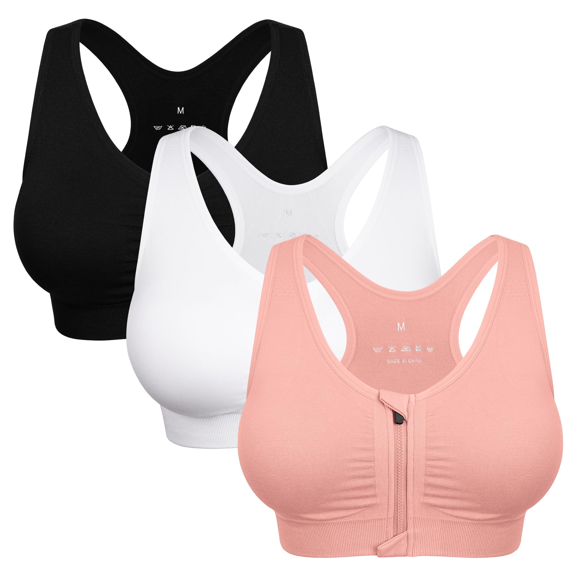 Women's Zip Front Sports Bra Wireless Post-Surgery Bra Workout Sports Bras | Zipper Front Closure, Surgical Mastectomy Bra, Post Op, Compression, Comfort, Medium Support, Active, Yoga, Removable Pads