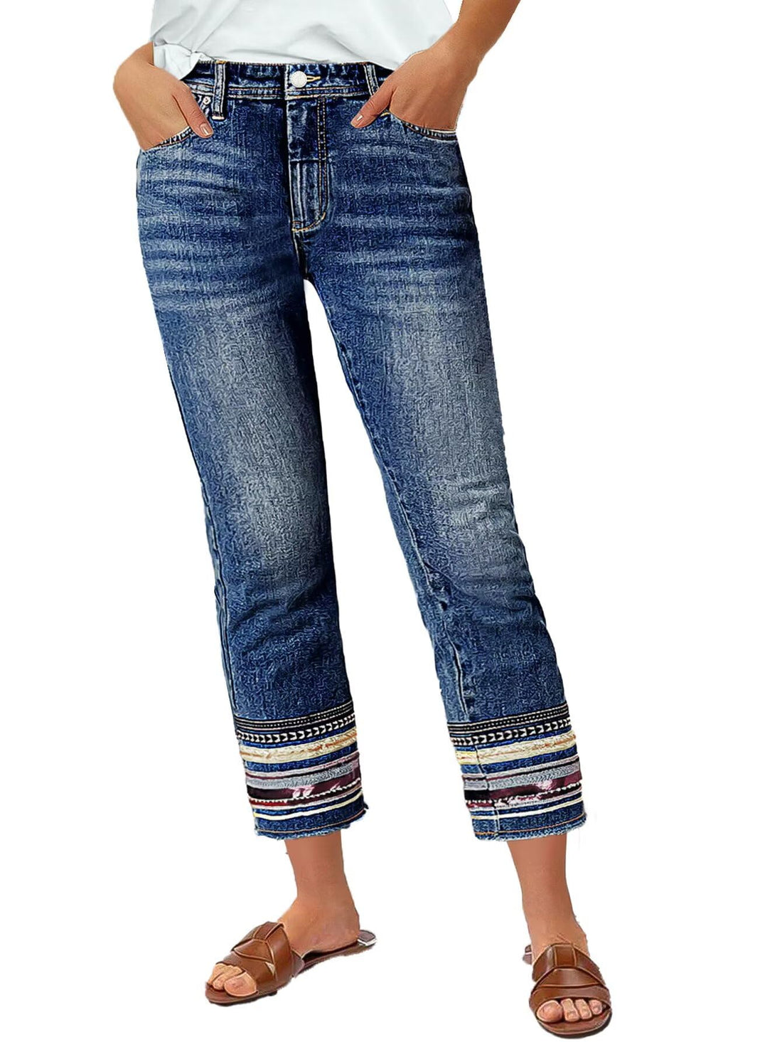 Flamingals Straight Leg Cropped Jeans for Women Trendy Mid Rise Stretchy Tribal Embroidery Raw Hem Ankle Jeans