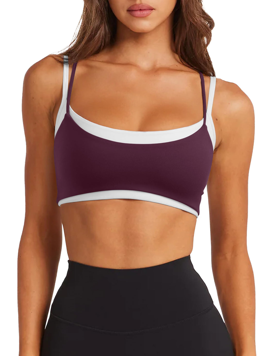 LASLULU Womens Double Layered Sports Bra Adjustable Spaghetti Straps Sexy Scoop Neck Wireless Padded Workout Yoga Crop Tops