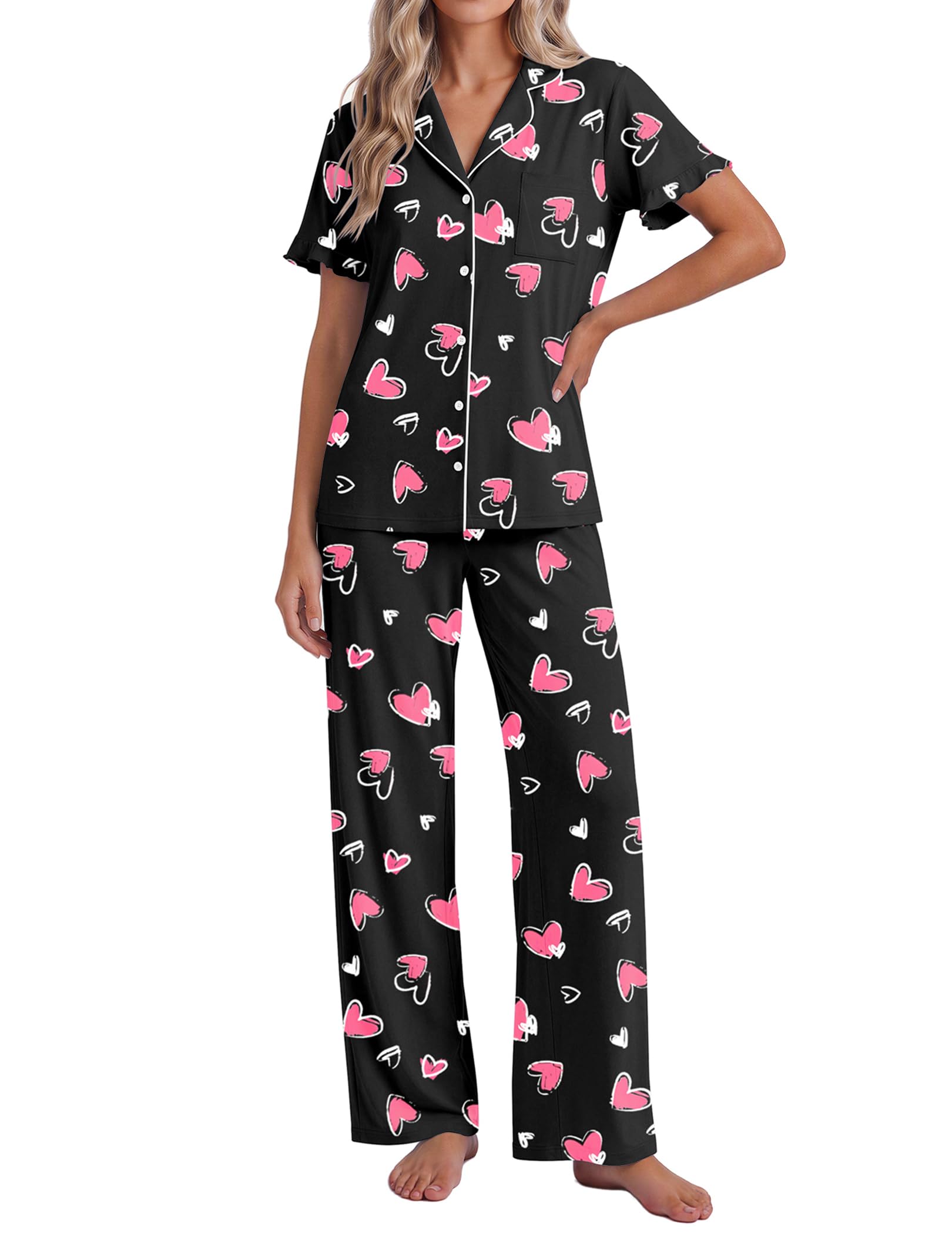 Ekouaer Pajamas for Women Set Button Up Soft Pjs Short Sleeve Lounge Sets