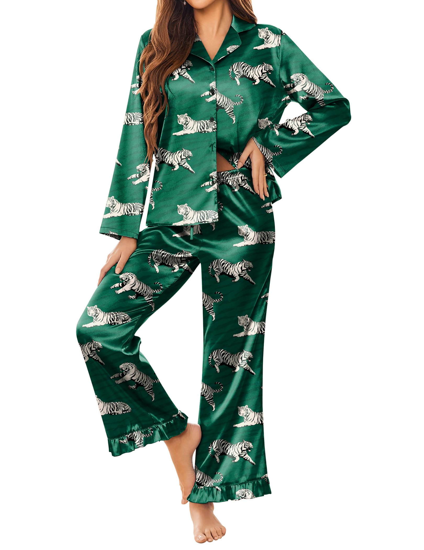 Ekouaer Satin Pajama Set for Women Long Button Down Silk Pj with Ruffle