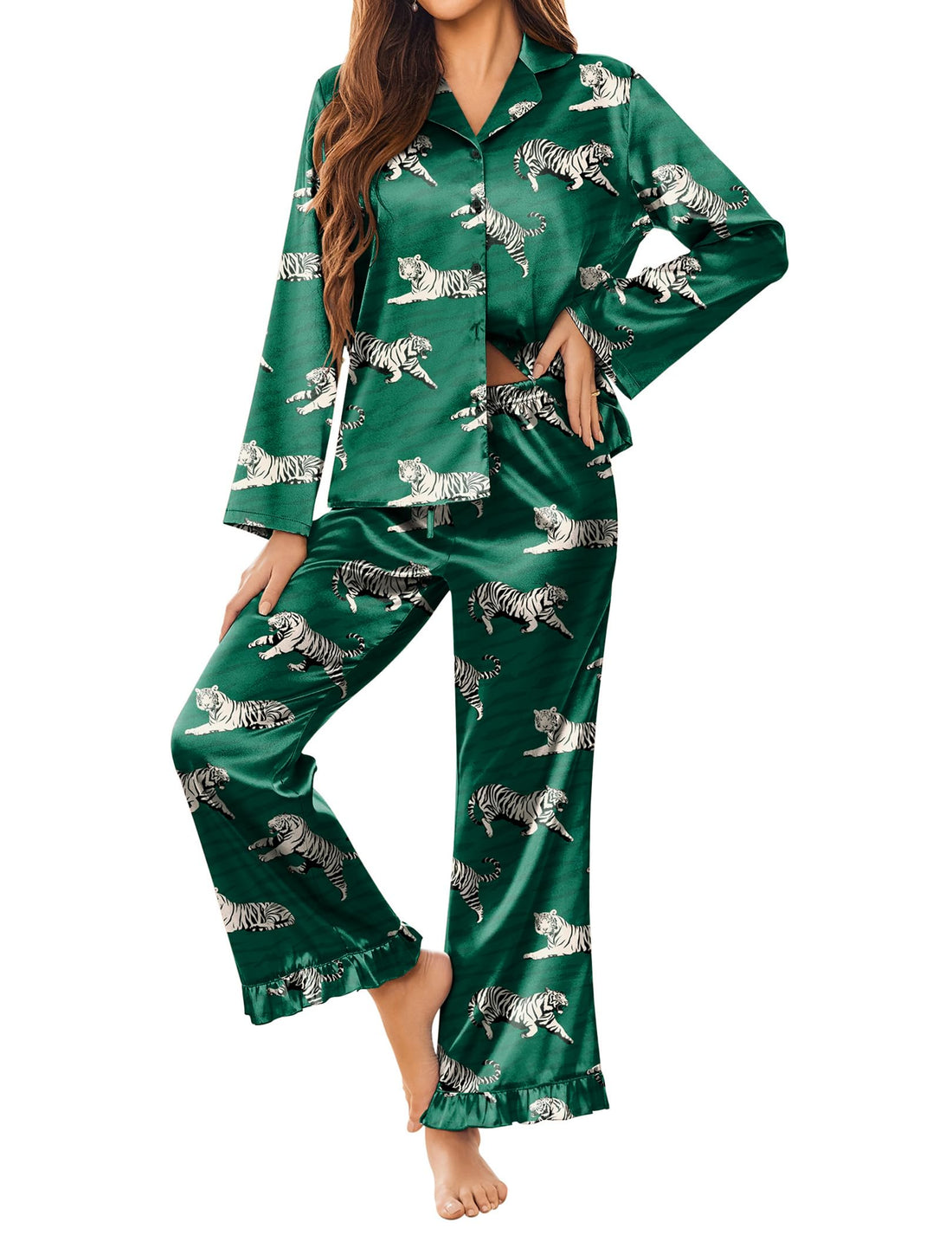 Ekouaer Satin Pajama Set for Women Long Button Down Silk Pj with Ruffle