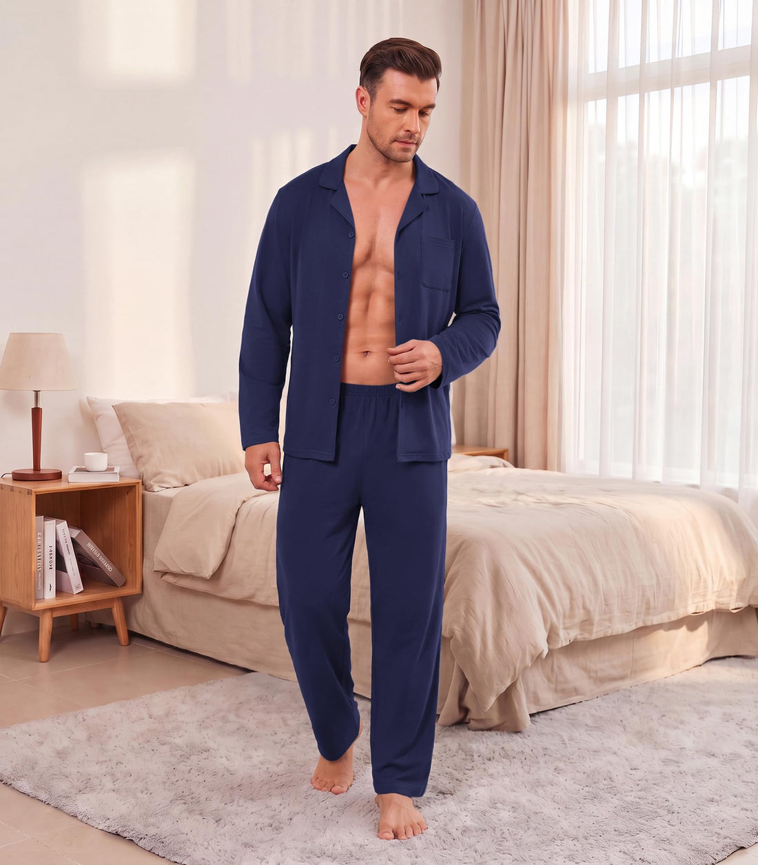 Ekouaer Mens Pajamas Set Long Sleeve Button Down Pjs Long Pants with Pocket