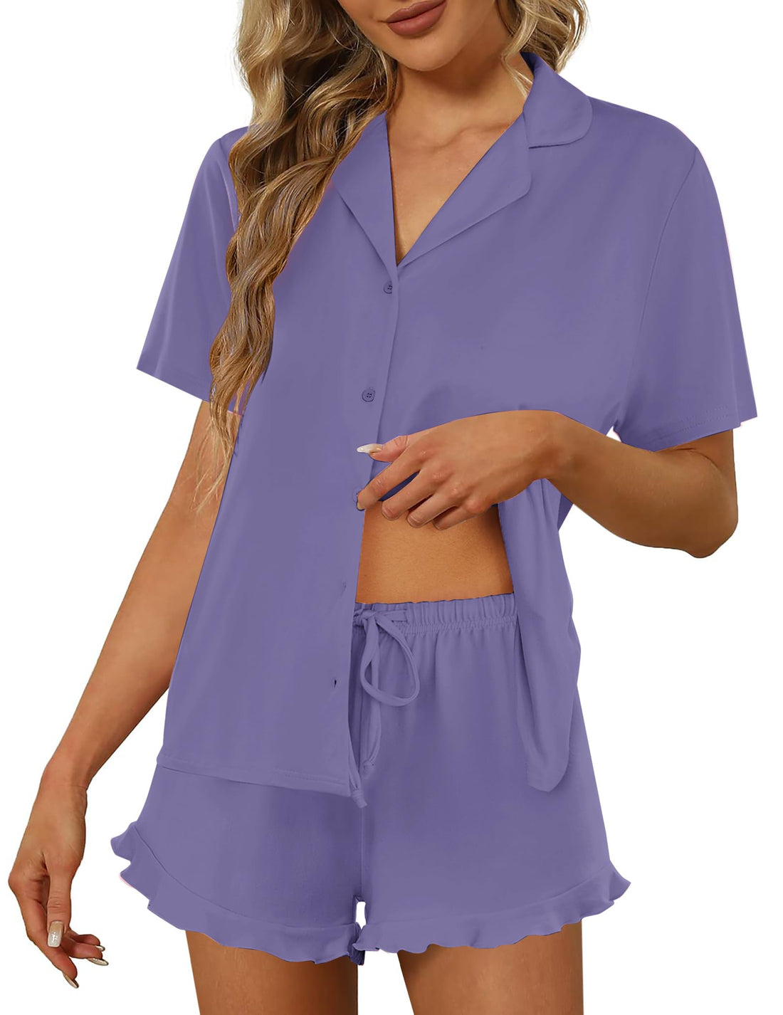 Ekouaer Pajamas Set for Women Short Sleeve Sleepwear Button Down Ruffle Pjs