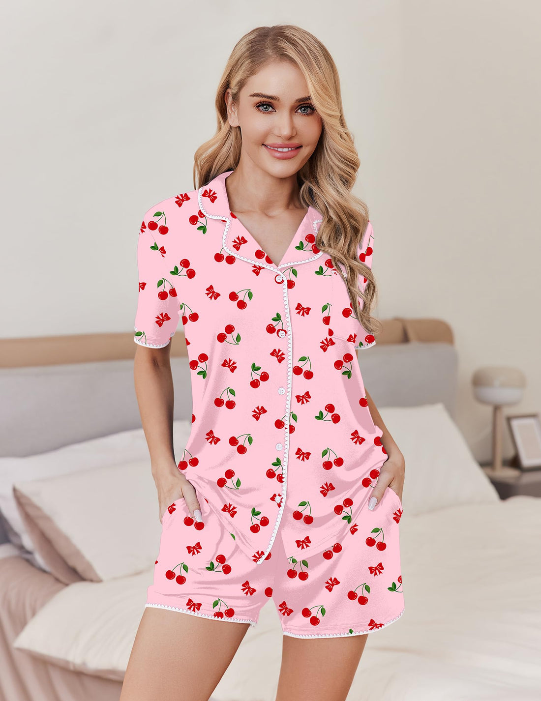 Ekouaer Pajamas for Women Set 2 Piece Soft Button Down Top and Shorts