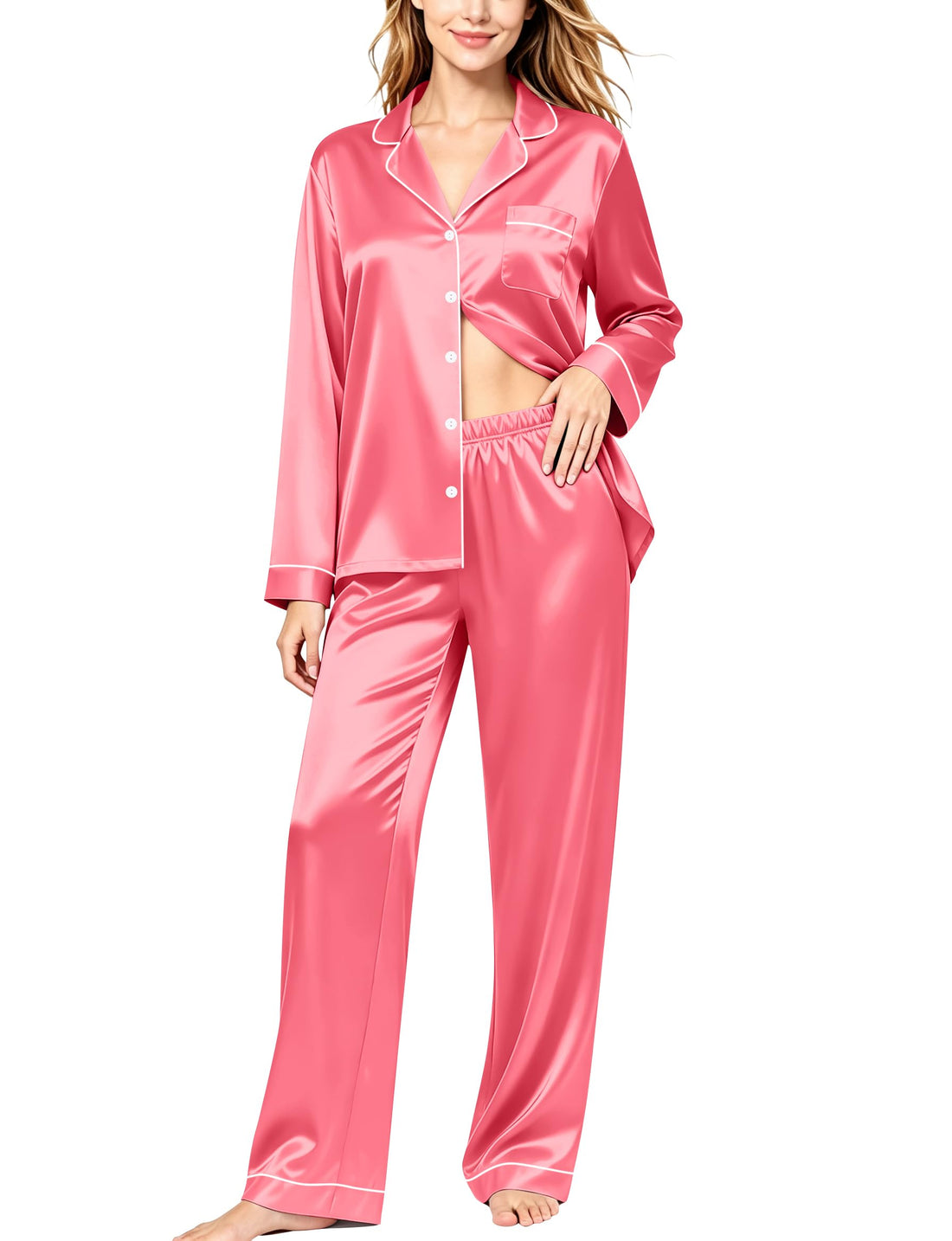 SWOMOG Womens Silk Satin Pajamas Set Long Sleeve Button Down Sleepwear 2 Piece Lounge Set Pj Set XS-3XL