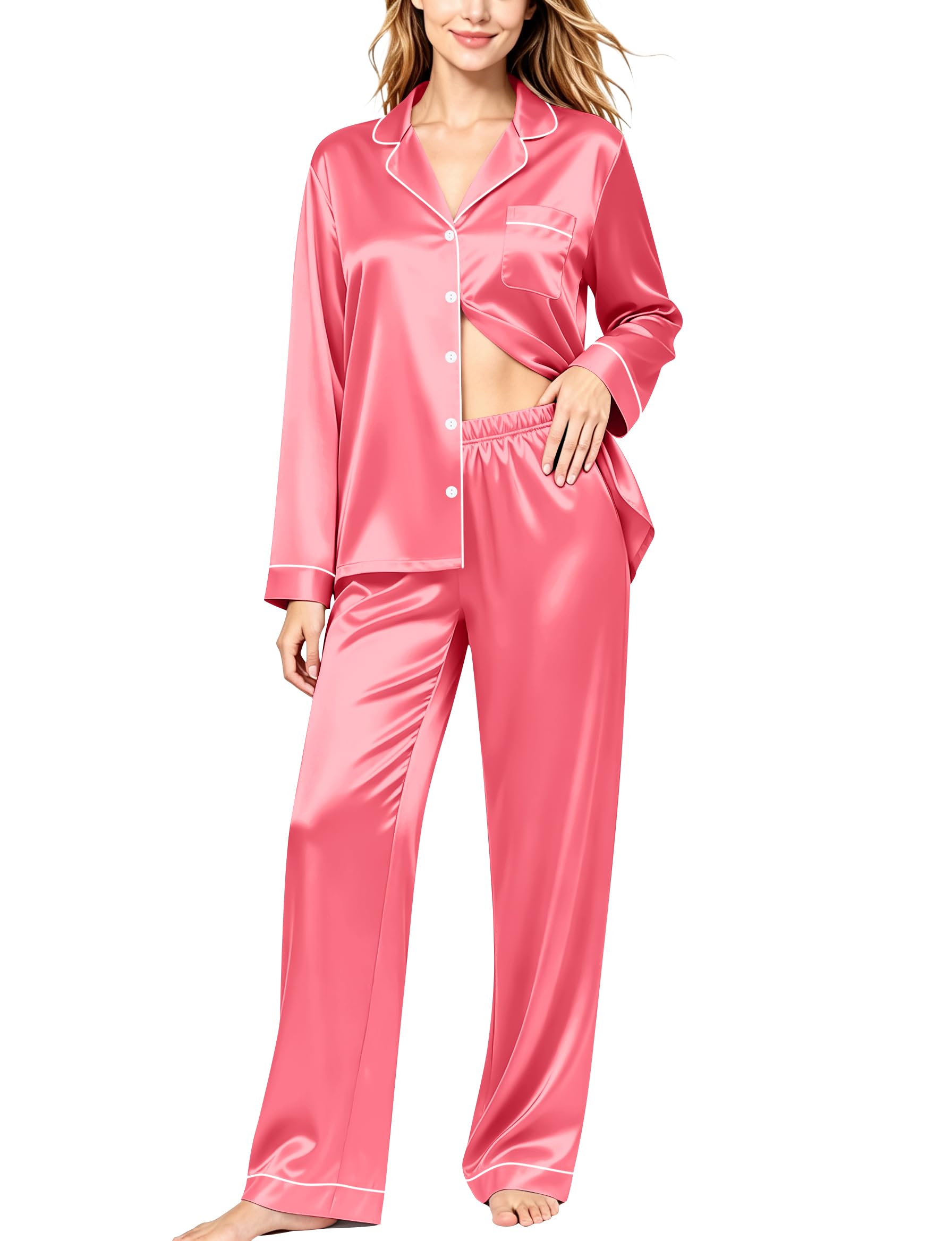 SWOMOG Womens Silk Satin Pajamas Set Long Sleeve Button Down Sleepwear 2 Piece Lounge Set Pj Set XS-3XL