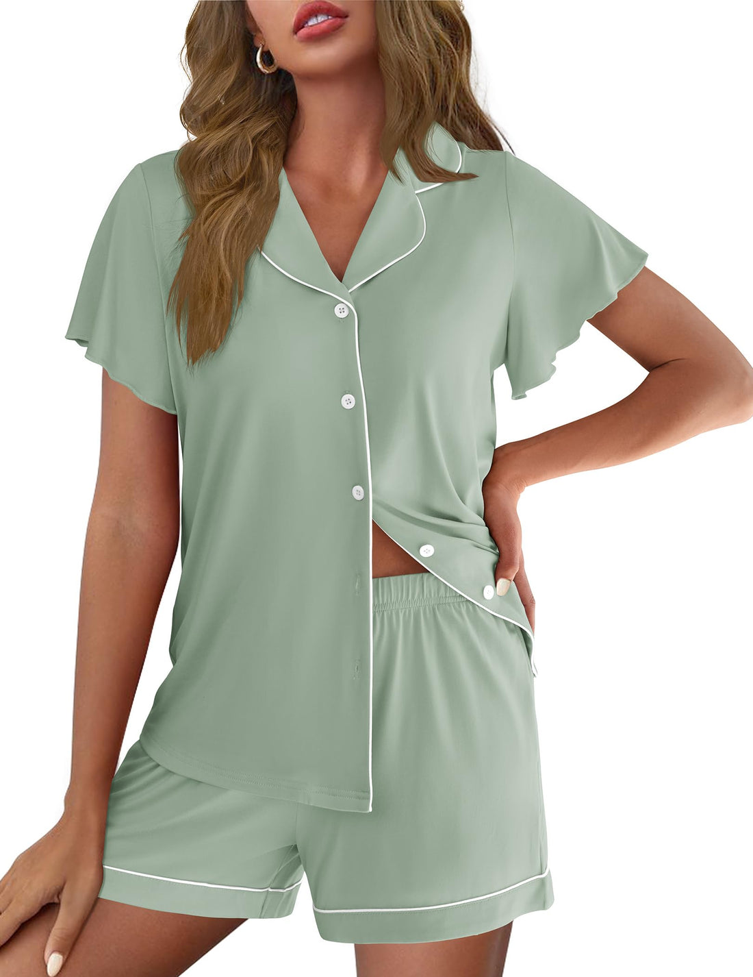 Ekouaer Pajamas for Women Set Button Up Bridal Pjs Ruffle Sleeve