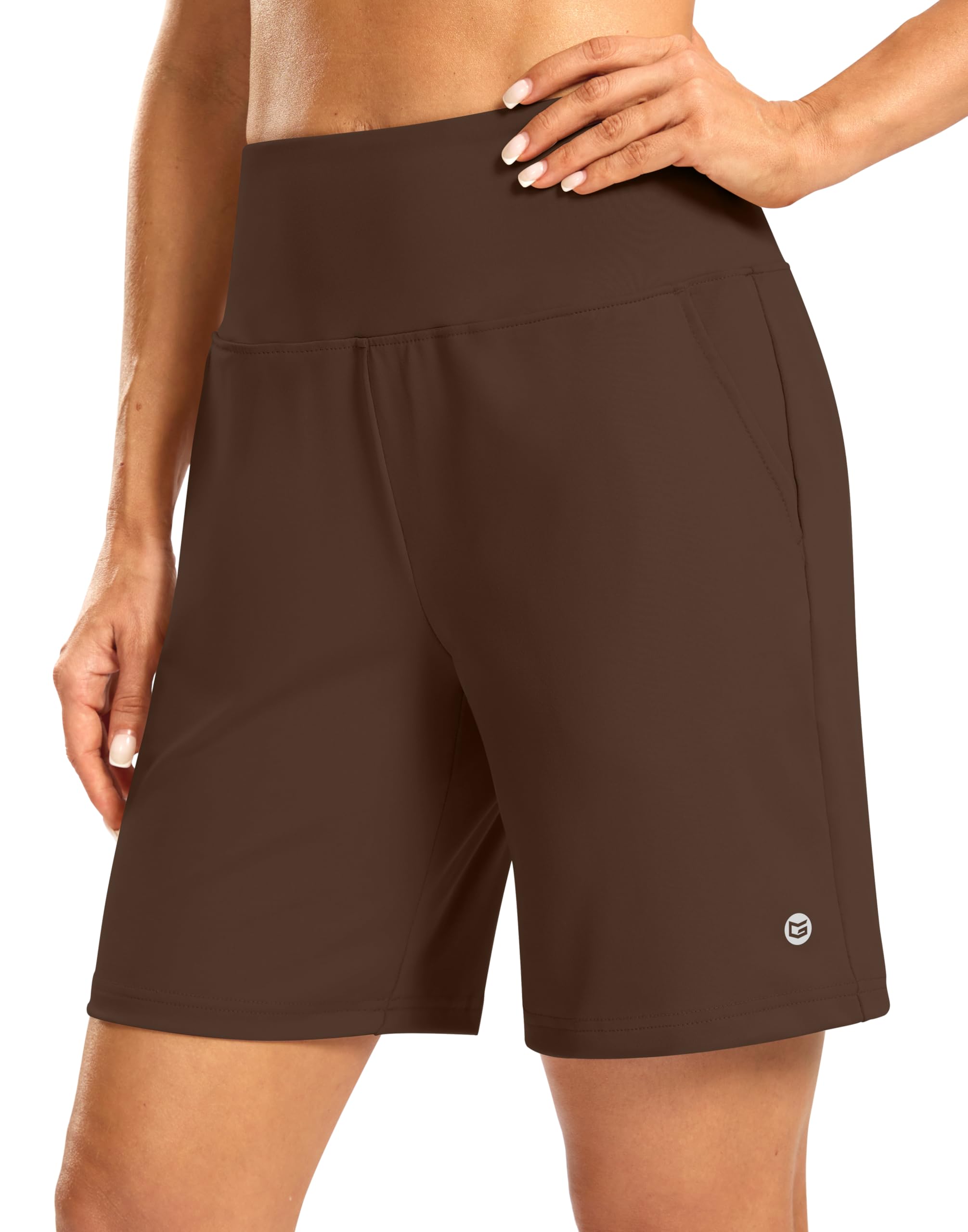 Women's Athletic Shorts with Zipper Pocket 7" High Waisted Stretchy Bermuda Shorts for Women Workout Running Casual