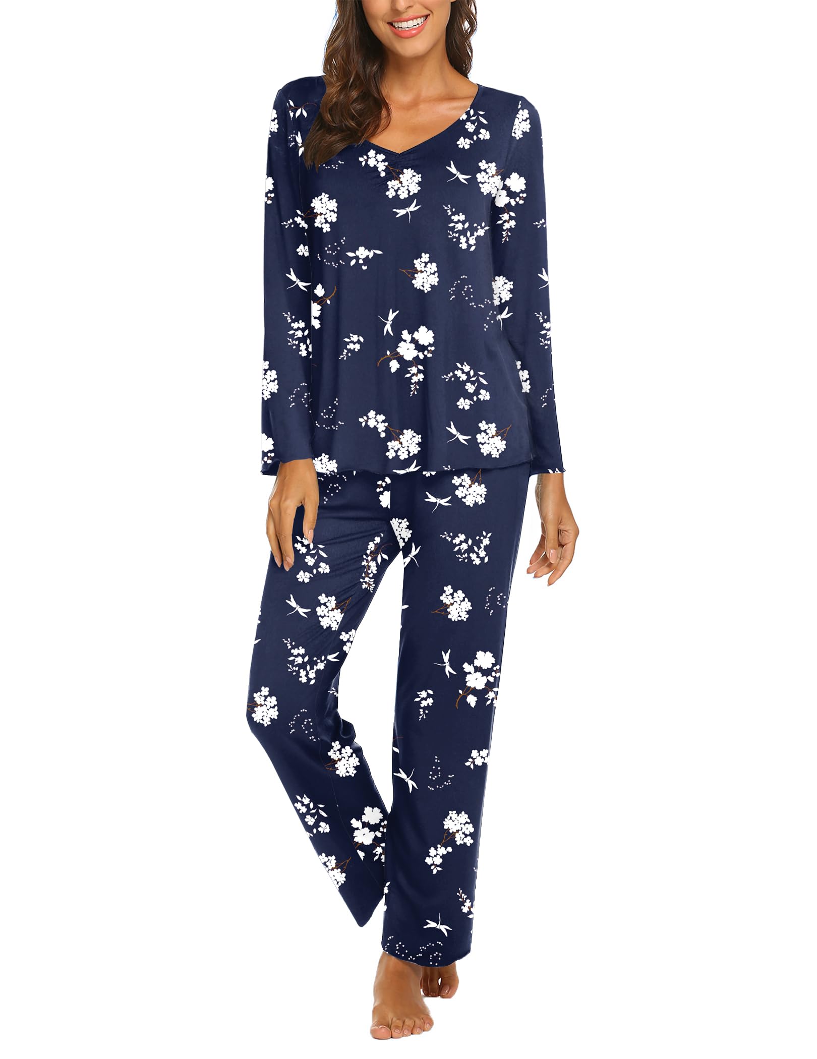 Ekouaer Pajamas for Women Set Long Sleeve Pleated Top and Pants Loungewear