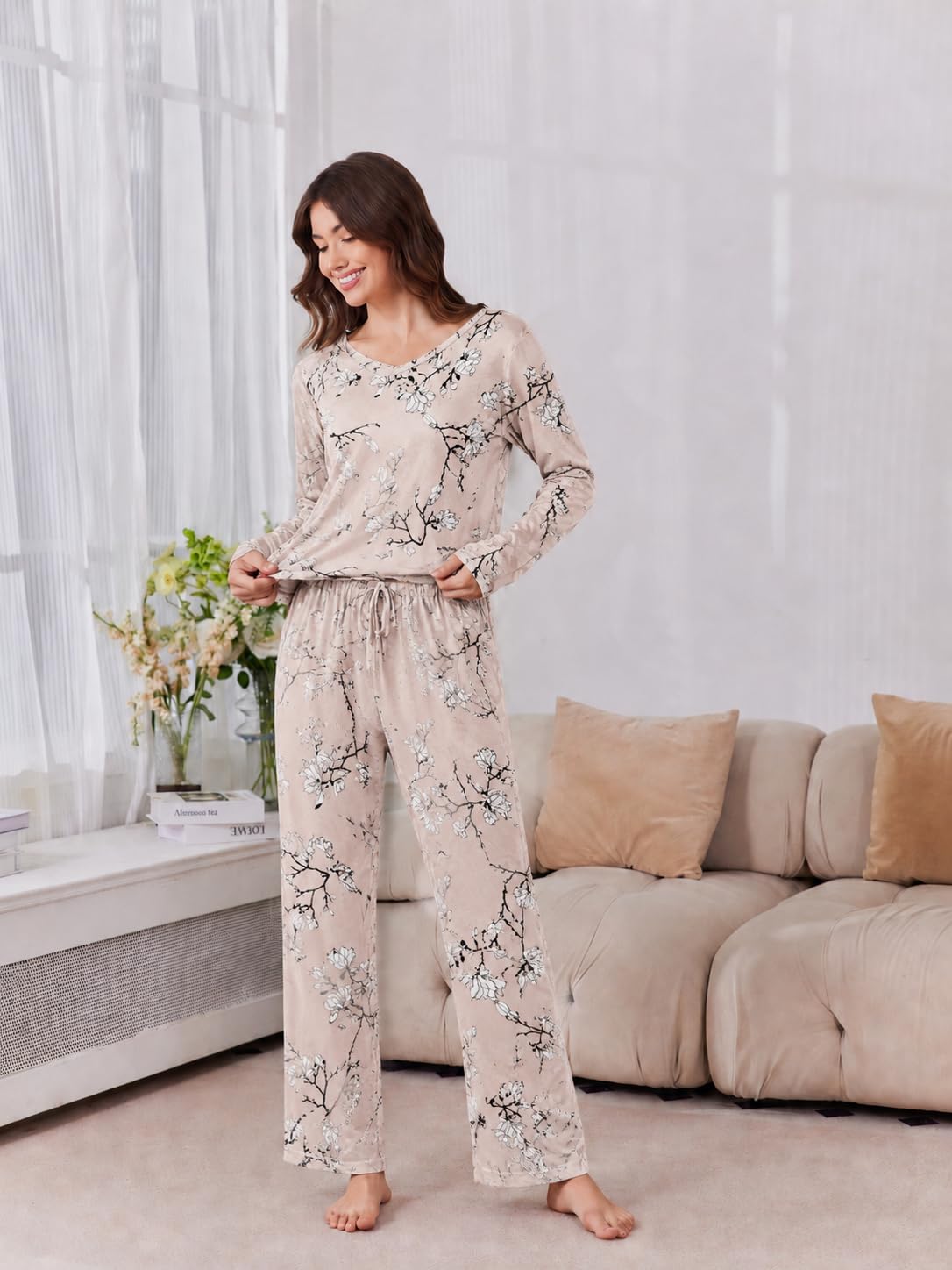 2 Pack: Women's Long Sleeve Pajama Sets - V Neck Top and Pants Lounge sets