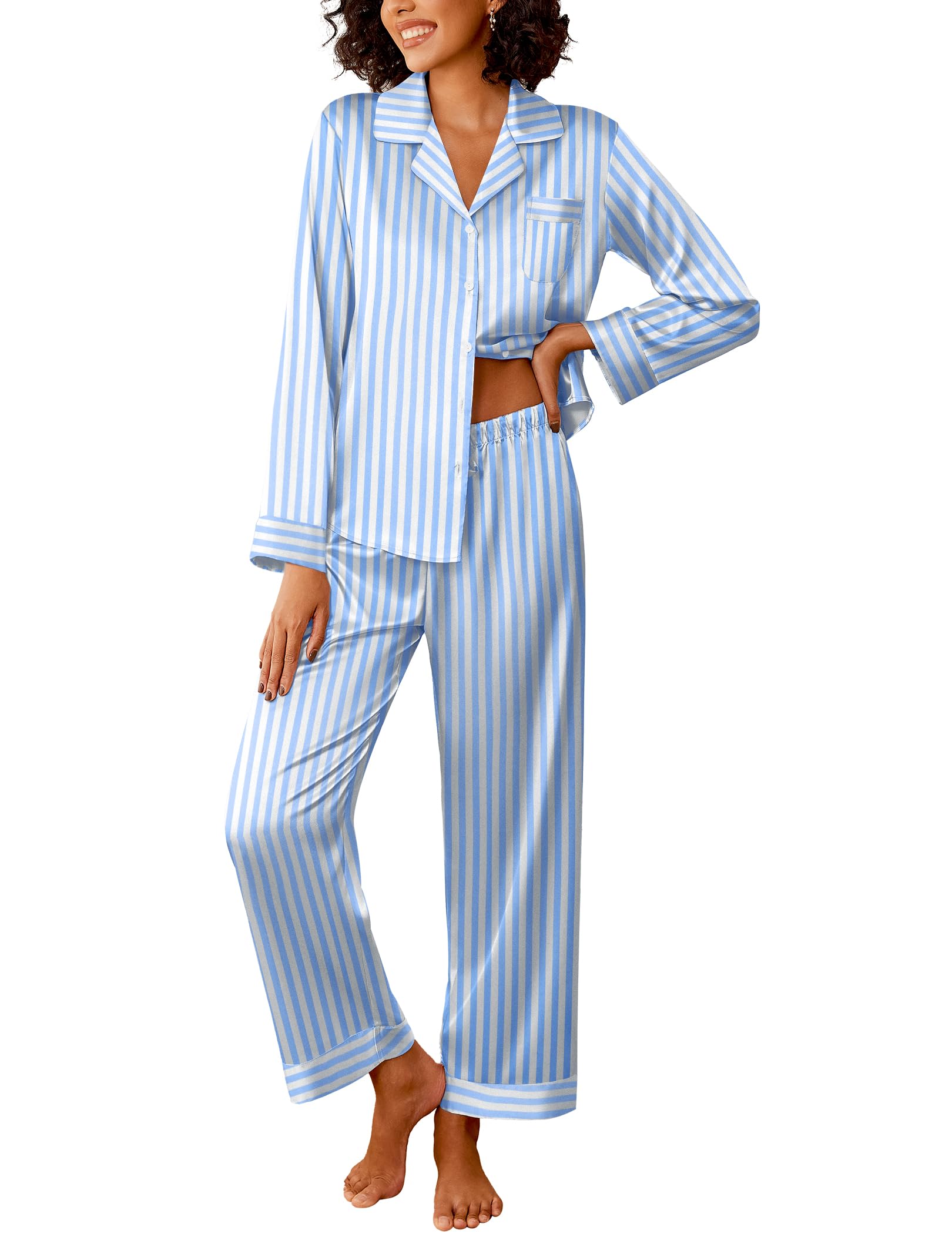 Ekouaer Womens Silk Satin Pajama Sets 2 Piece Pjs Set Stripe Sleepwear