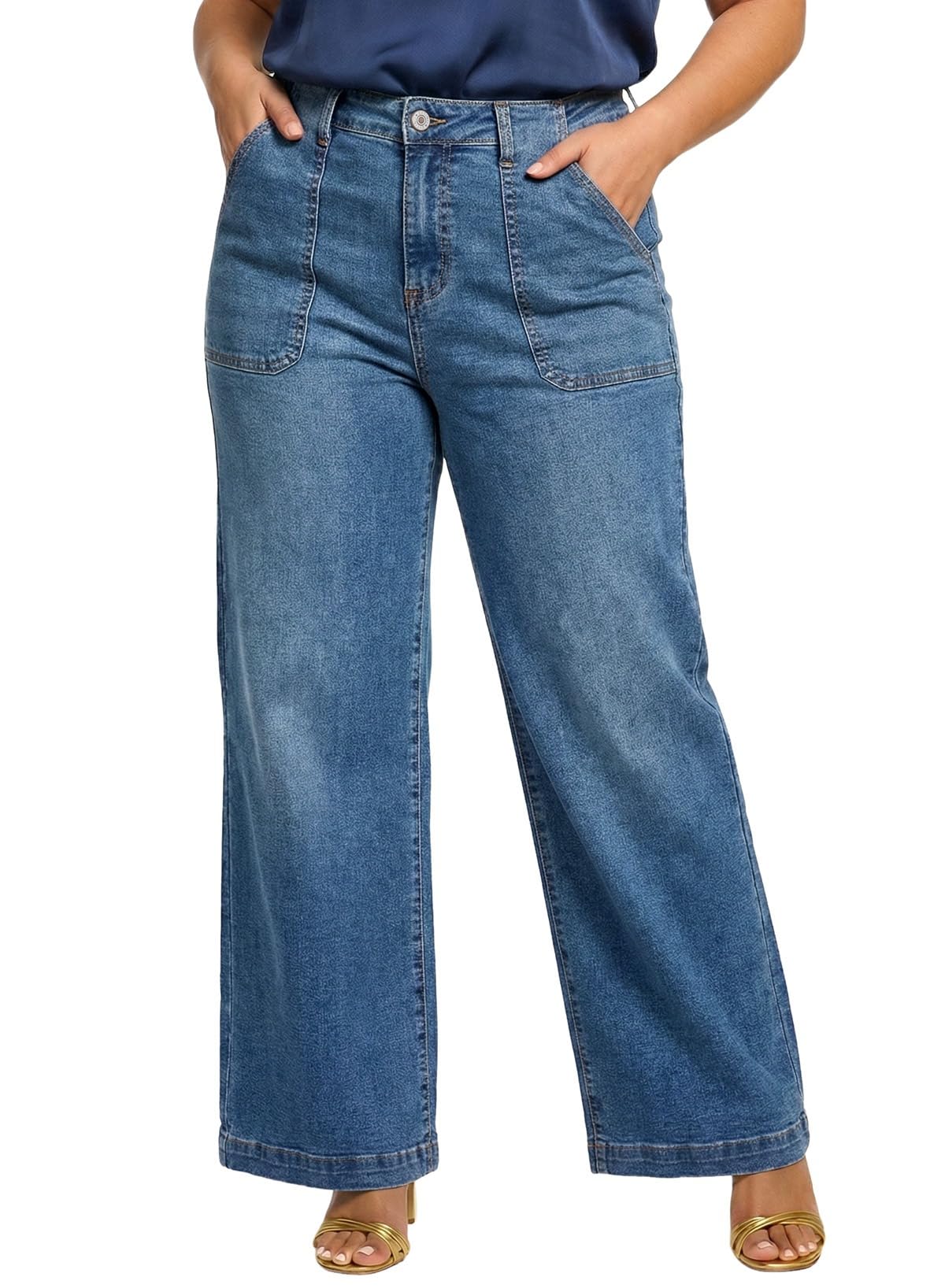 Eytino Plus Size Wide Leg Jeans for Women Elastic High Waisted Stretchy Relaxed Fit Denim Pants with Pockets(1X-5X)