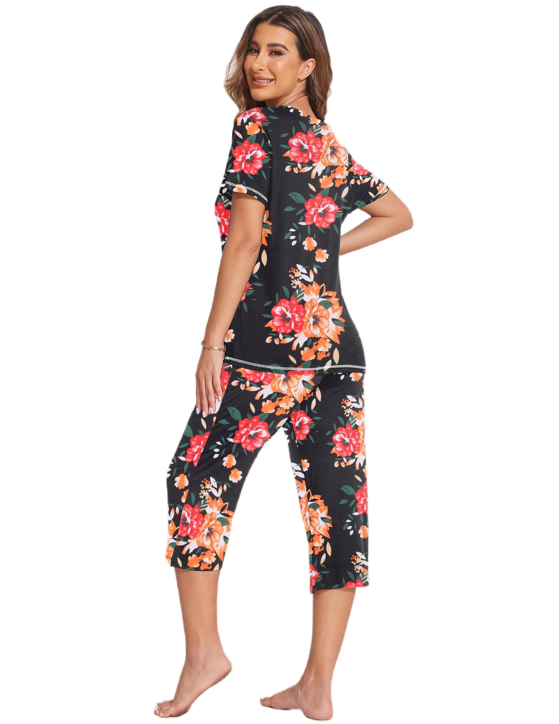 Ekouaer 2 Pack Women's Capri Pajama Sets Short Sleeve Two-Piece Pjs V Neck Tops & Pants Printed Lounge Sets S-3XL