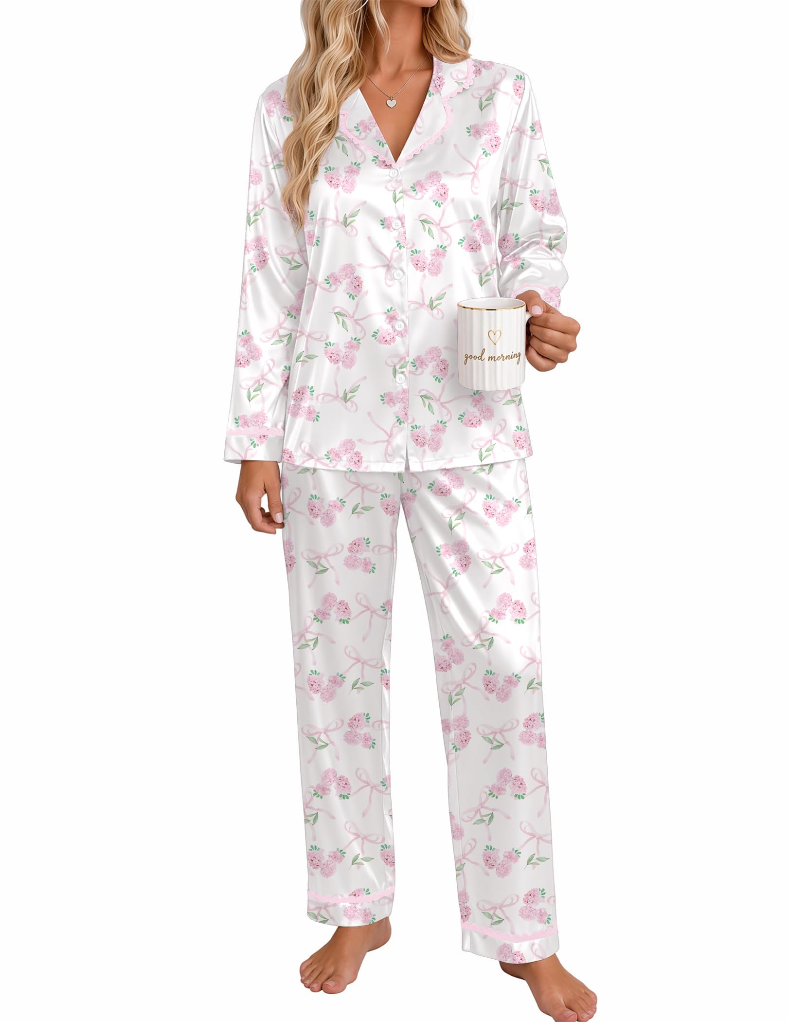 Ekouaer Satin Pajamas for Women Set 2 Piece Silk Pjs Long Sleeve Lounge Set