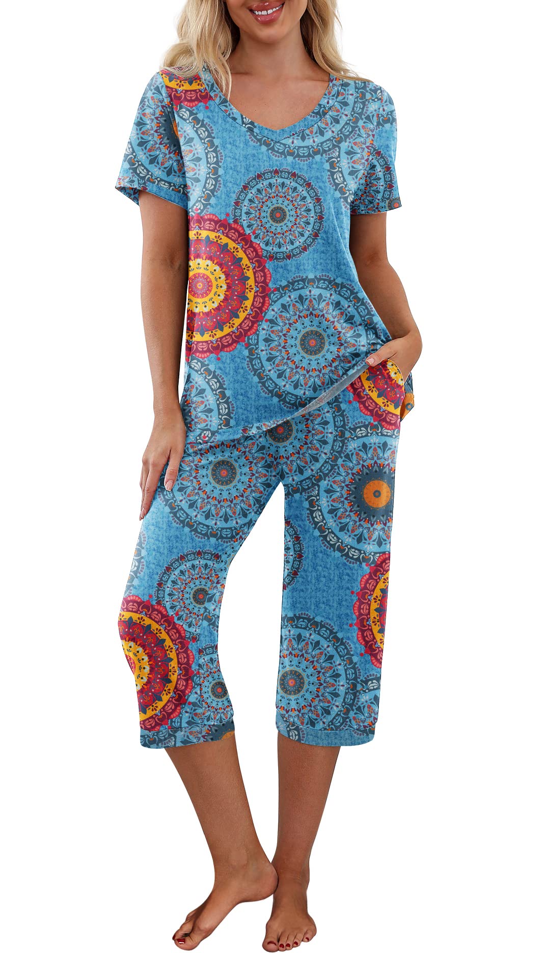 PrinStory Womens Pajama Sets Capri Pjs Soft Lounge Sets S-4XL