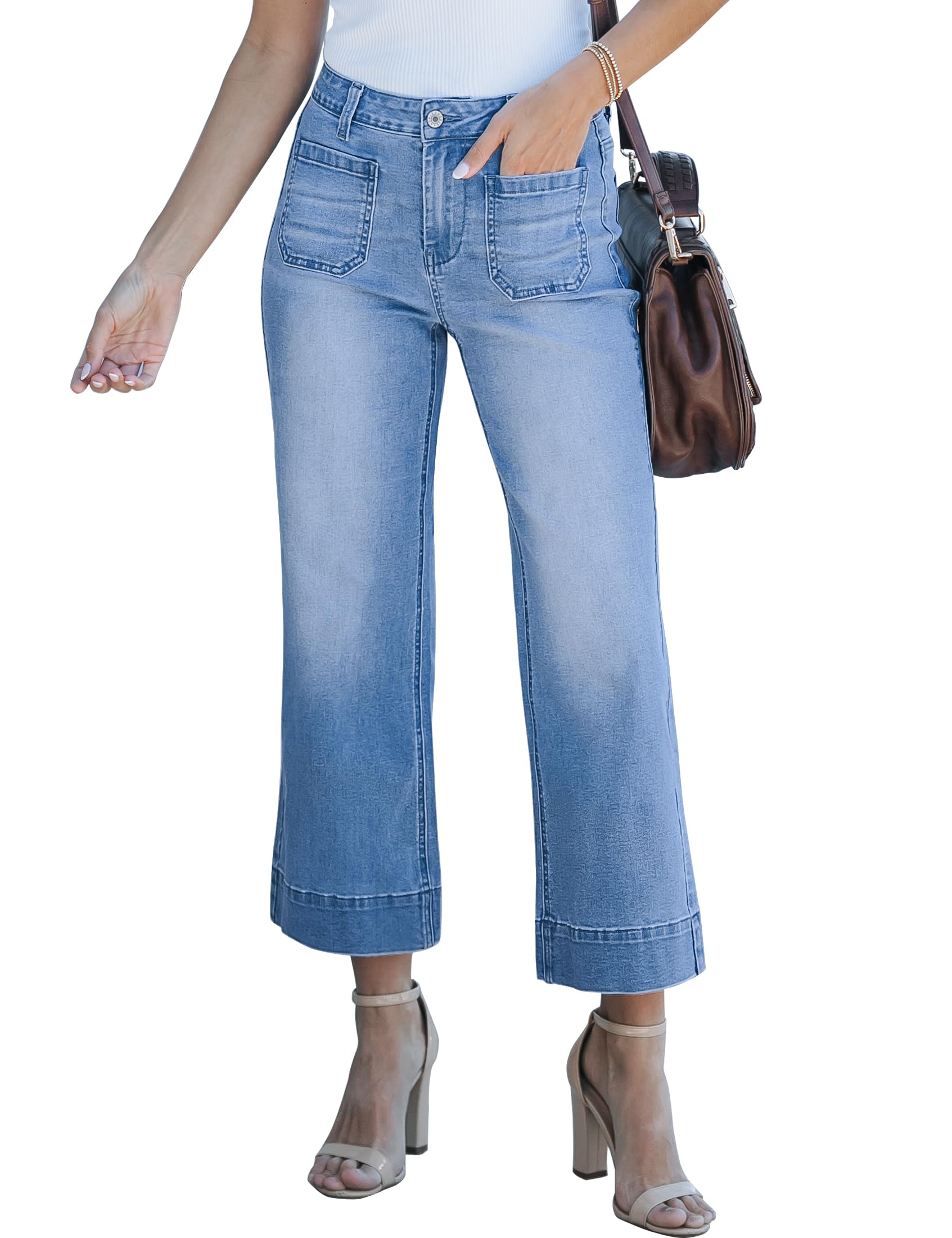 luvamia Wide Leg Jeans for Women Trendy High Waisted Flare Jeans Cropped Denim Pants Stretchy Baggy with Patch Pockets