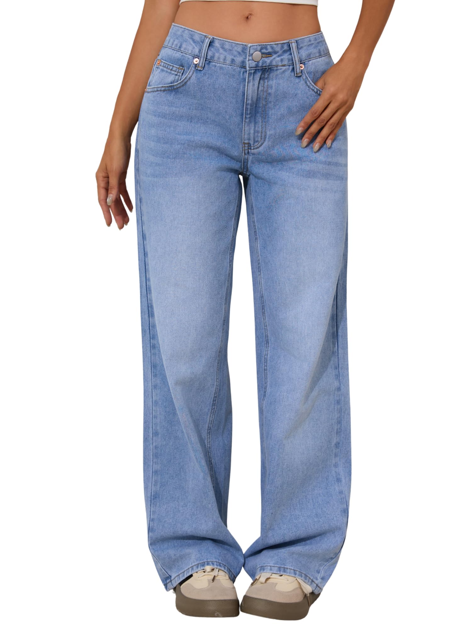 Low Rise Baggy Jeans for Women Y2K Vintage Wide Leg Loose Fit Straight Denim Pants Casual Trousers