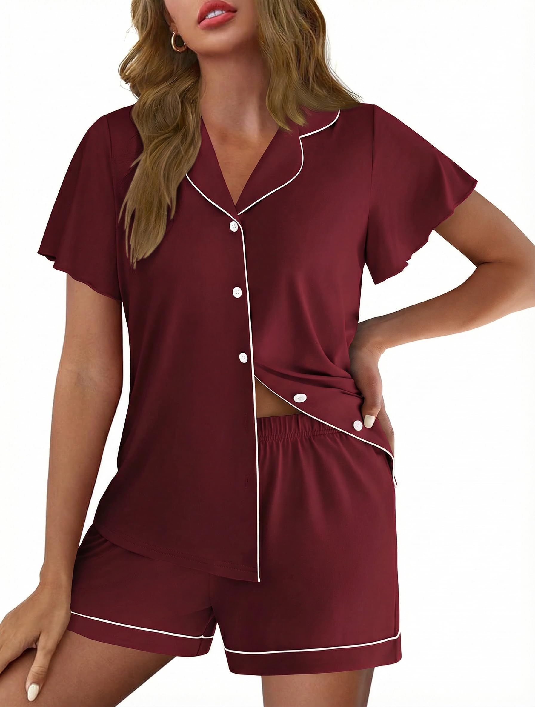 Ekouaer Pajamas for Women Set Button Up Bridal Pjs Ruffle Sleeve