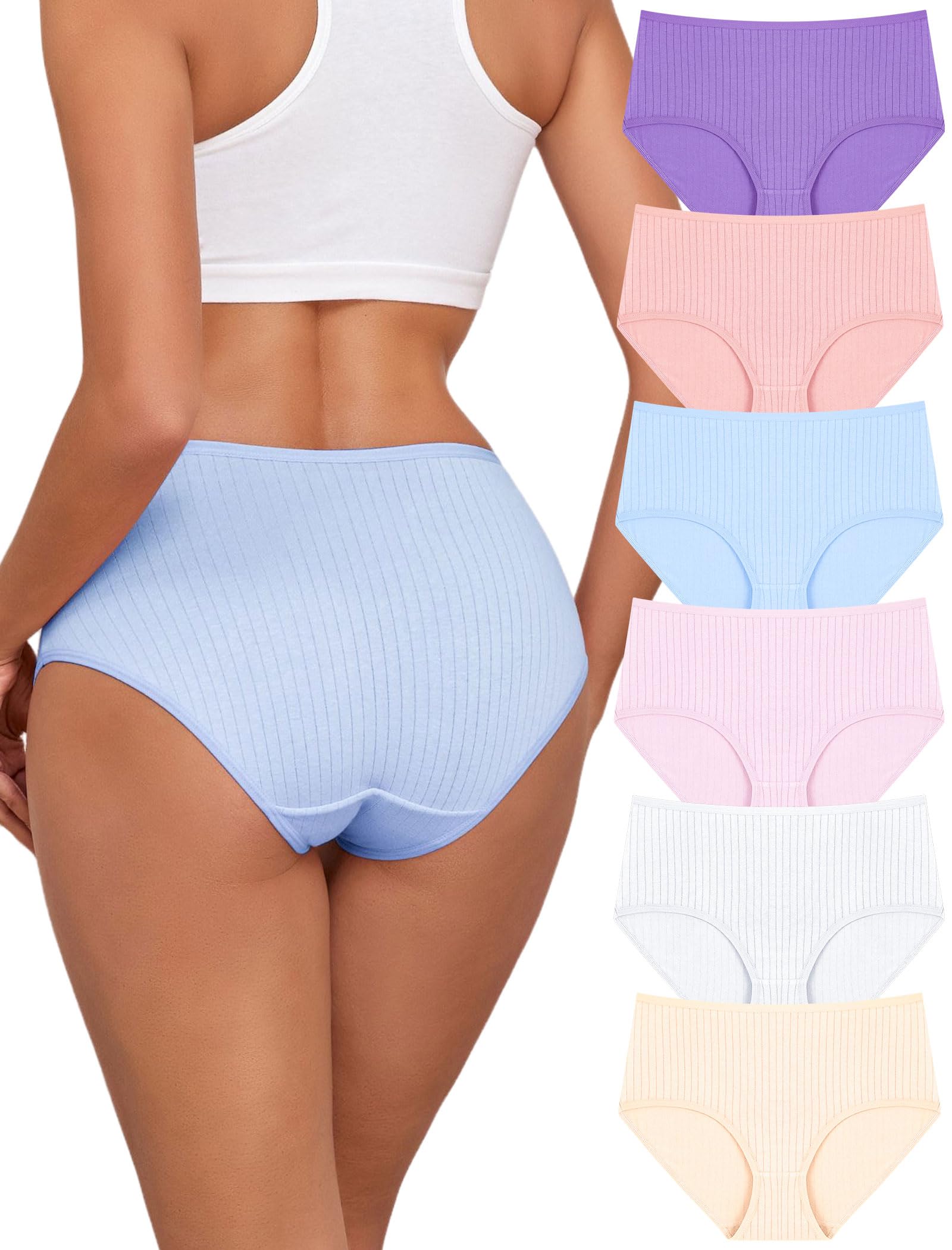 FINETOO Cotton Underwear Women High Waisted Ribbed Breathable Briefs 6 Pack