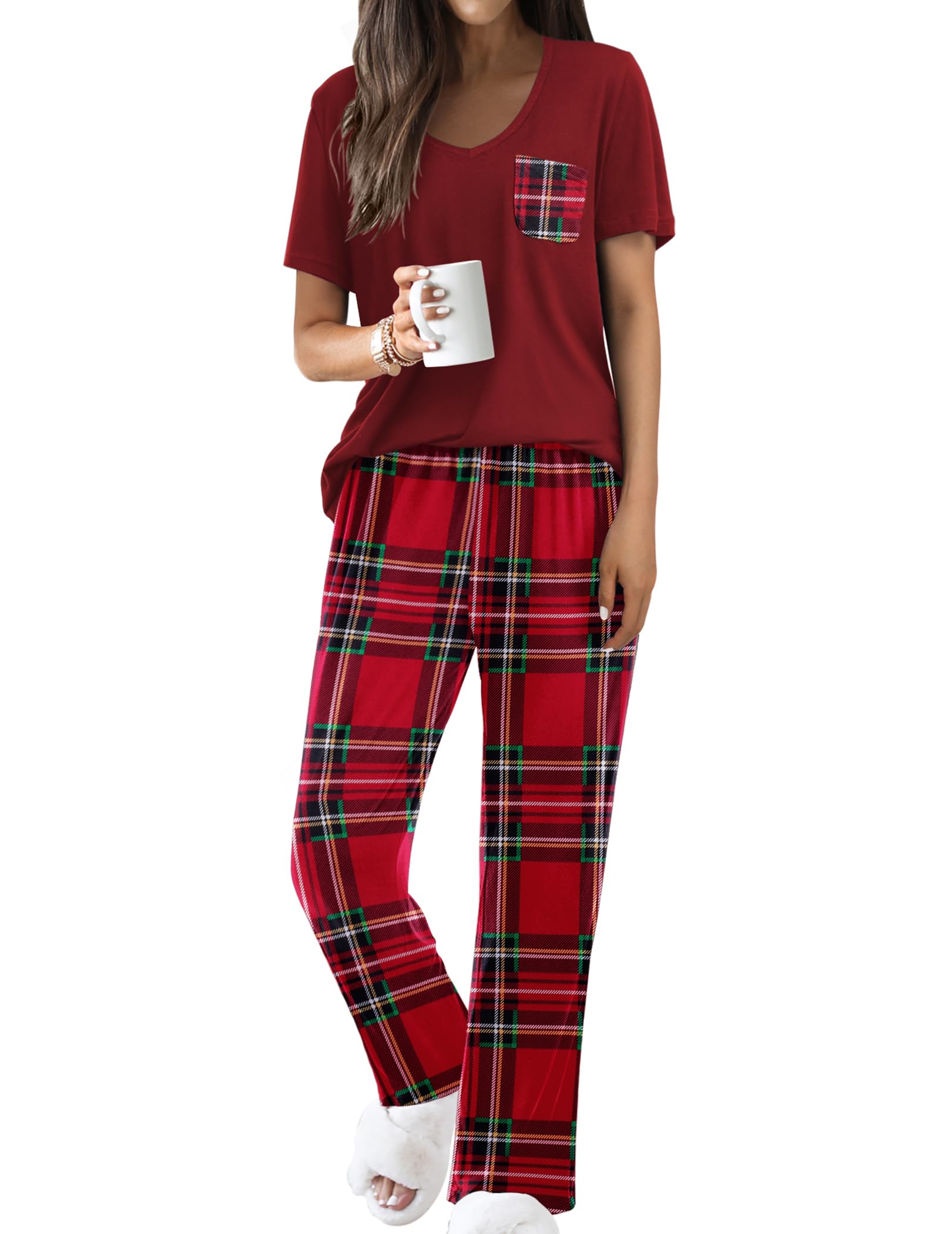 Ekouaer Pajama Sets for Women 2 Piece Short Sleeve Pj V Neck Chest Pocket
