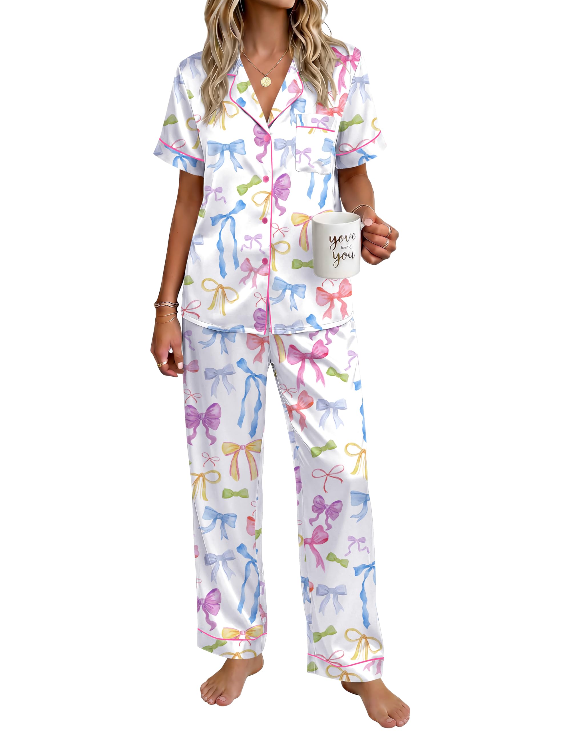Ekouaer Womens Satin Pajama Set Silky Short Sleeve Button Down Pj Set