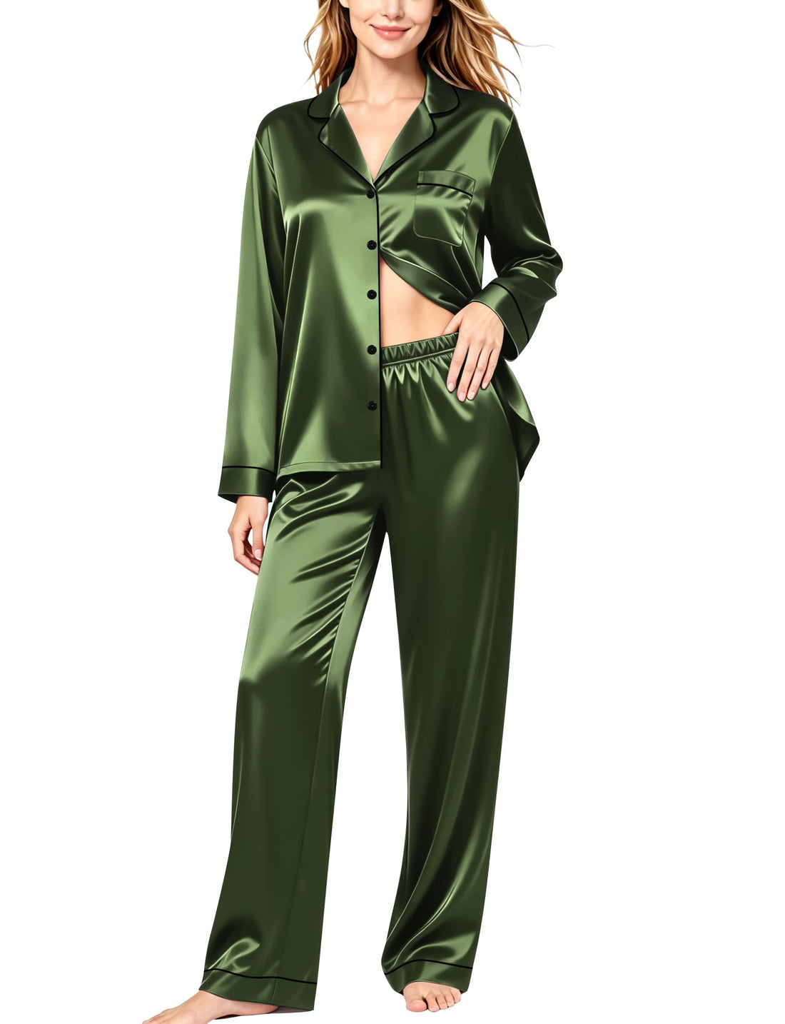 SWOMOG Womens Silk Satin Pajamas Set Long Sleeve Button Down Sleepwear 2 Piece Lounge Set Pj Set XS-3XL