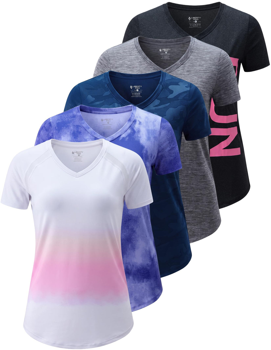 Liberty Imports 5 Pack Women's Dry Fit Workout Tops, Athletic Short Sleeve T Shirts for Yoga Gym (Available in Plus Sizes)