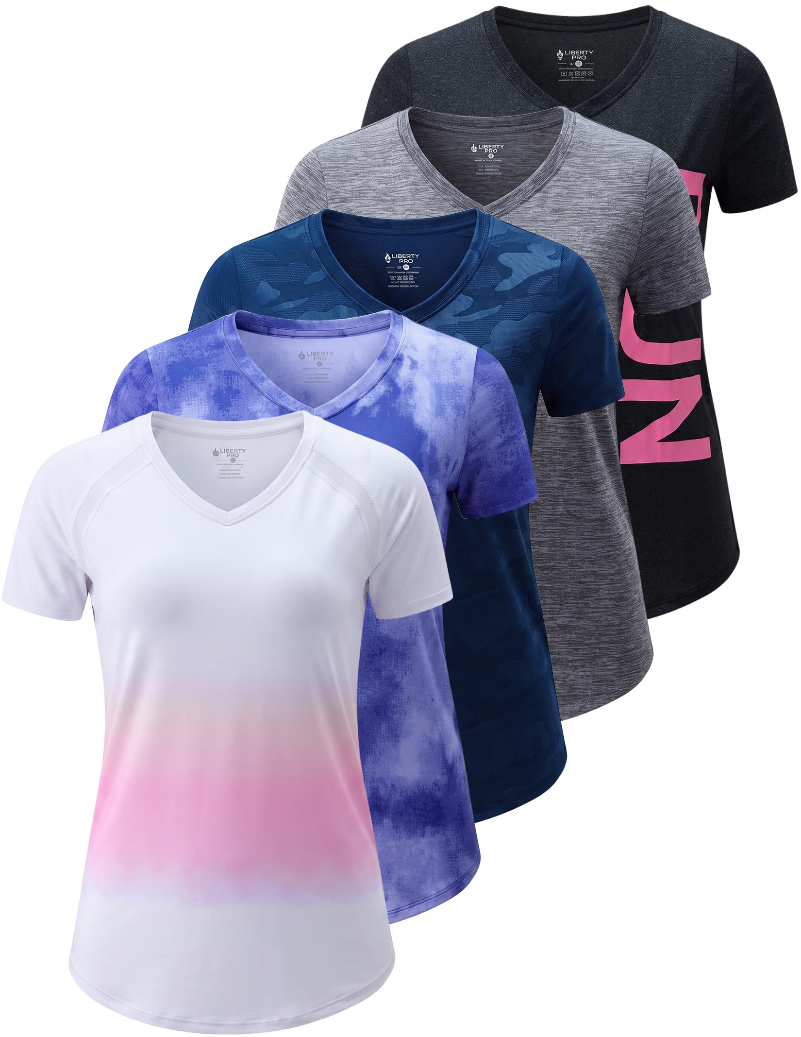 Liberty Imports 5 Pack Women's Dry Fit Workout Tops, Athletic Short Sleeve T Shirts for Yoga Gym (Available in Plus Sizes)