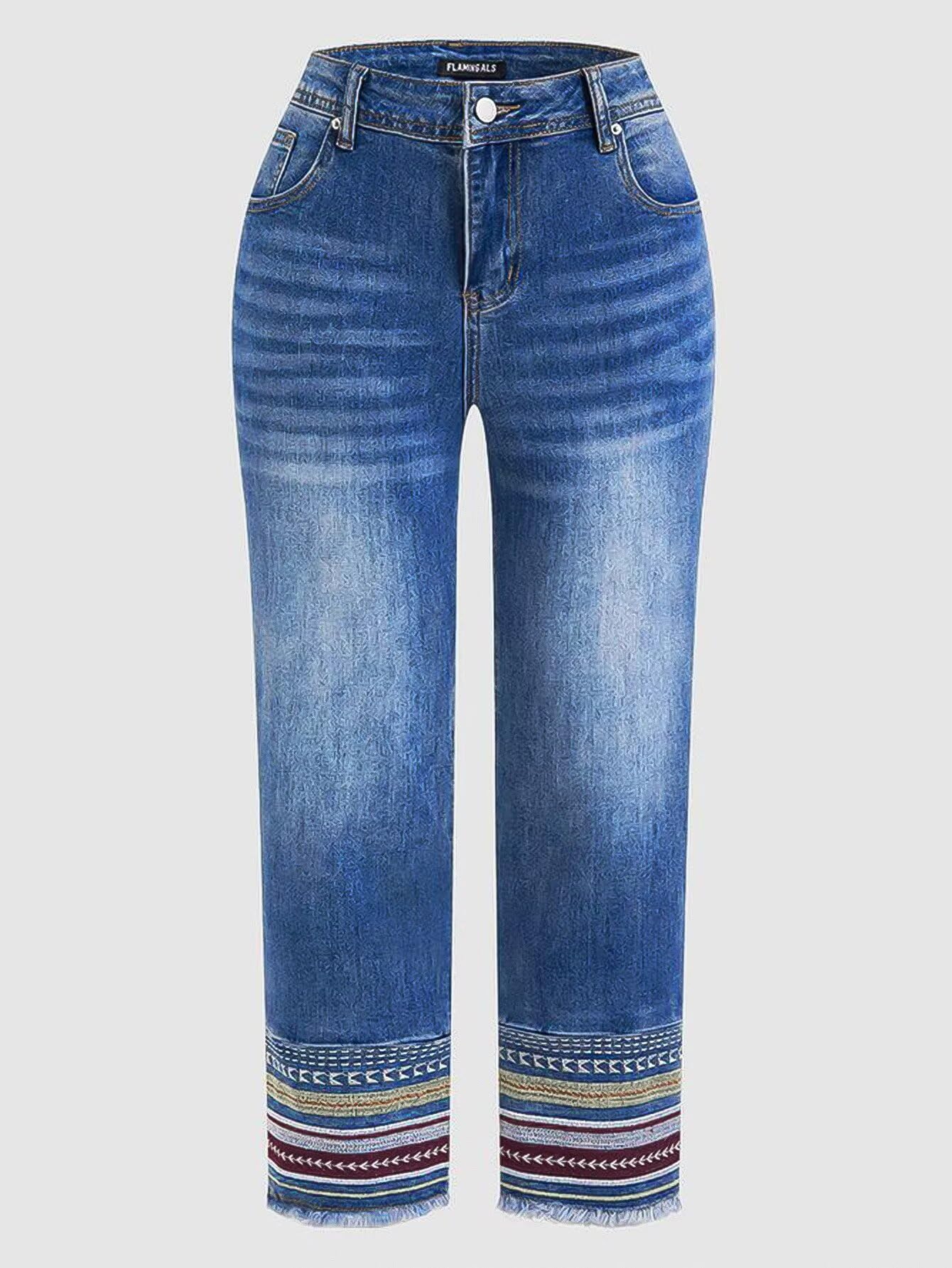 Flamingals Straight Leg Cropped Jeans for Women Trendy Mid Rise Stretchy Tribal Embroidery Raw Hem Ankle Jeans