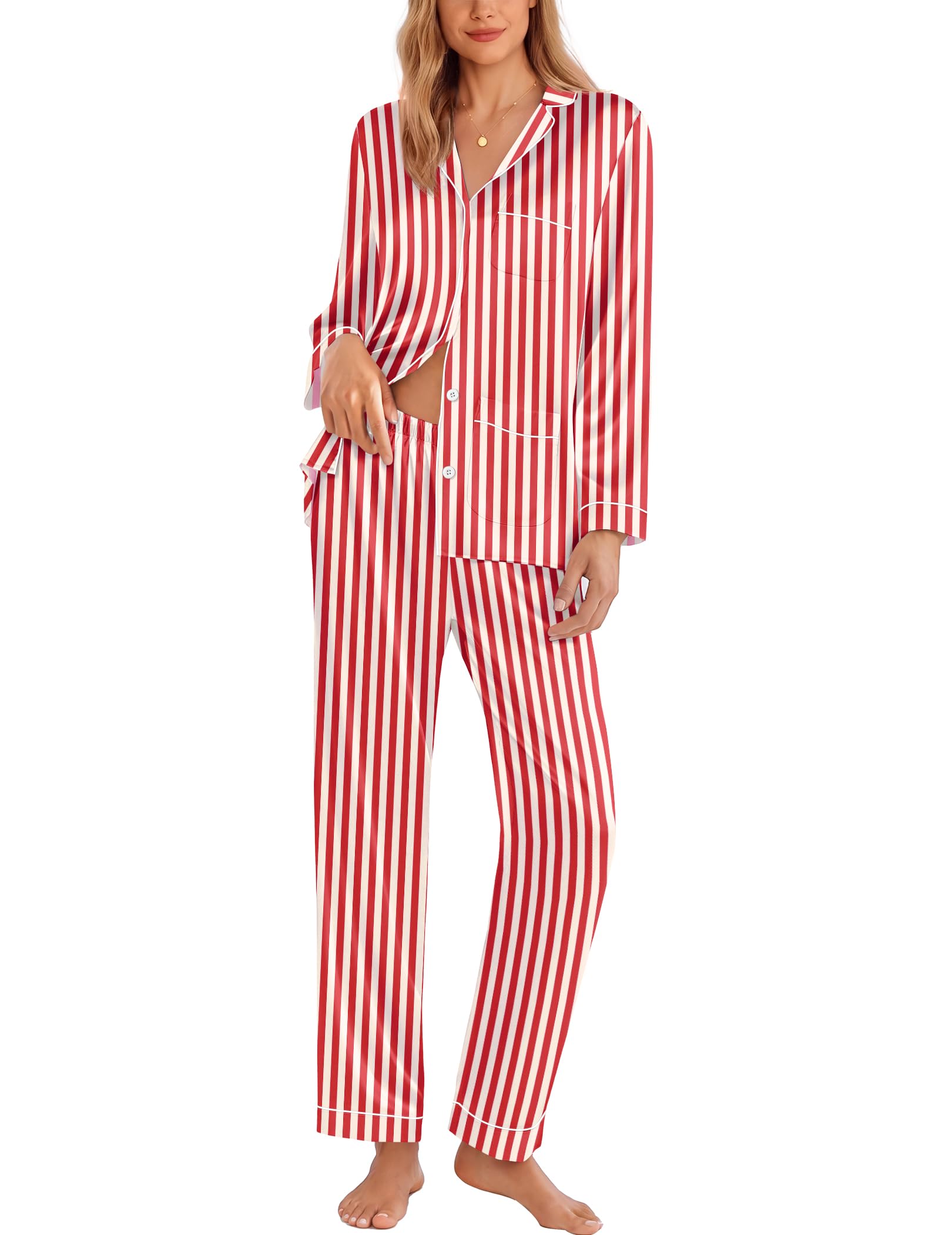 Ekouaer Pajamas for Women Silk Satin Button Down Long Sleeve Pajama Sets