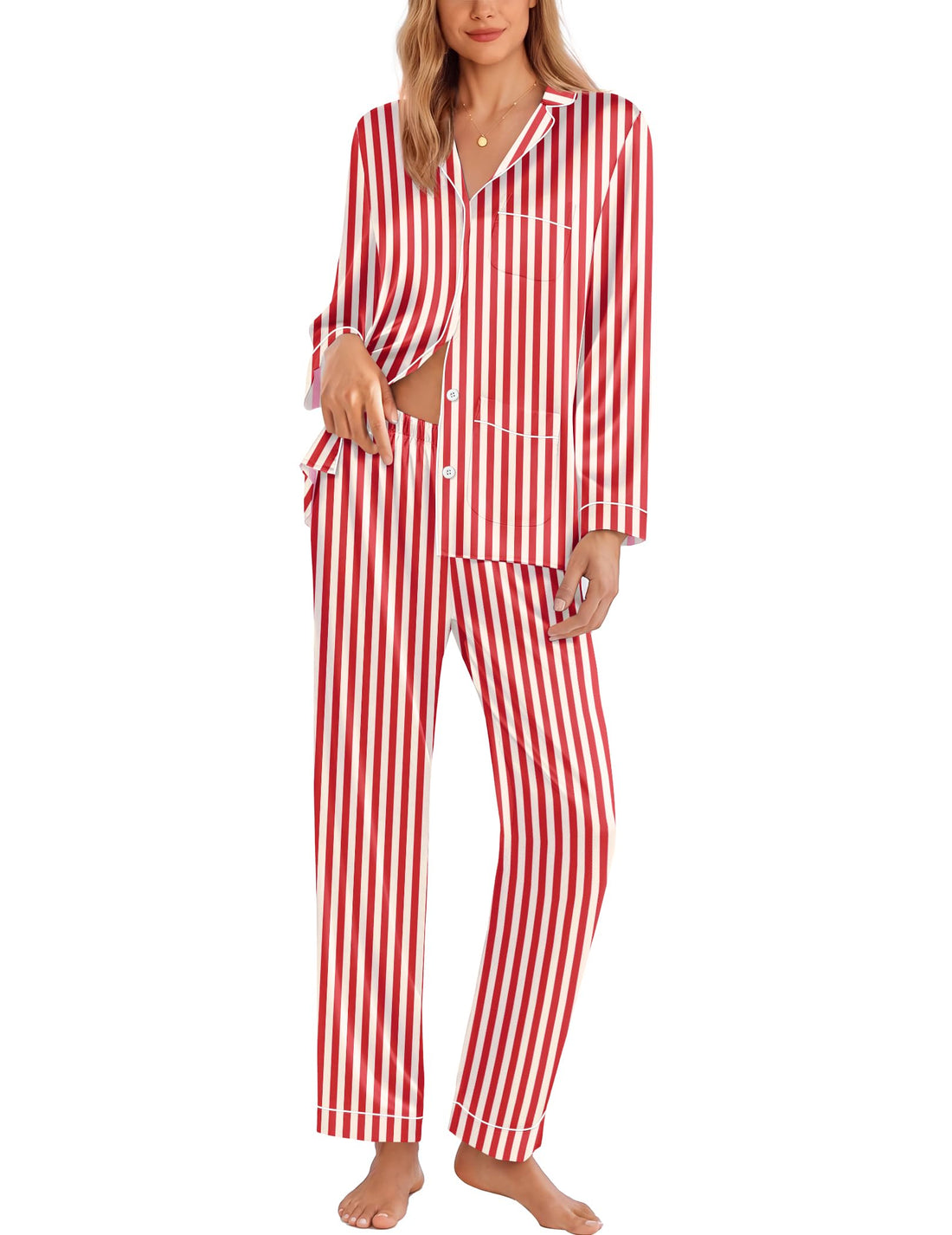 Ekouaer Pajamas for Women Silk Satin Button Down Long Sleeve Pajama Sets
