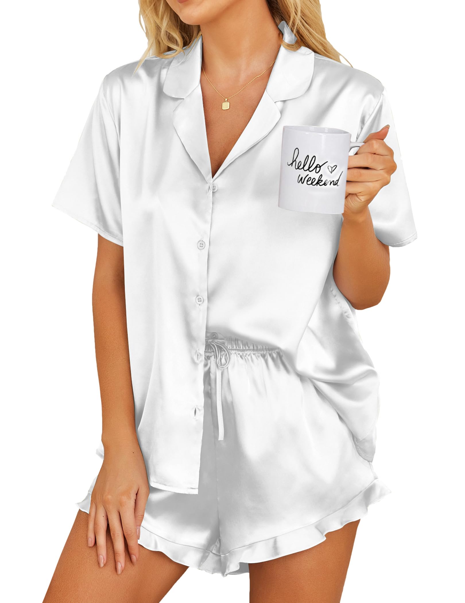Ekouaer Womens Satin Pajamas Set Button Down Silk Pj Shorts Set with Ruffle