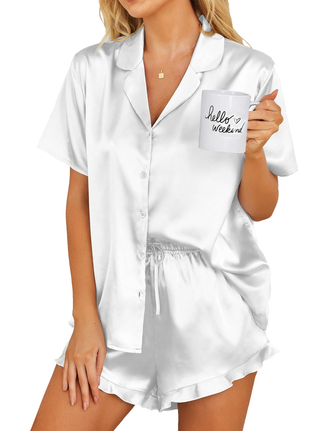Ekouaer Womens Satin Pajamas Set Button Down Silk Pj Shorts Set with Ruffle