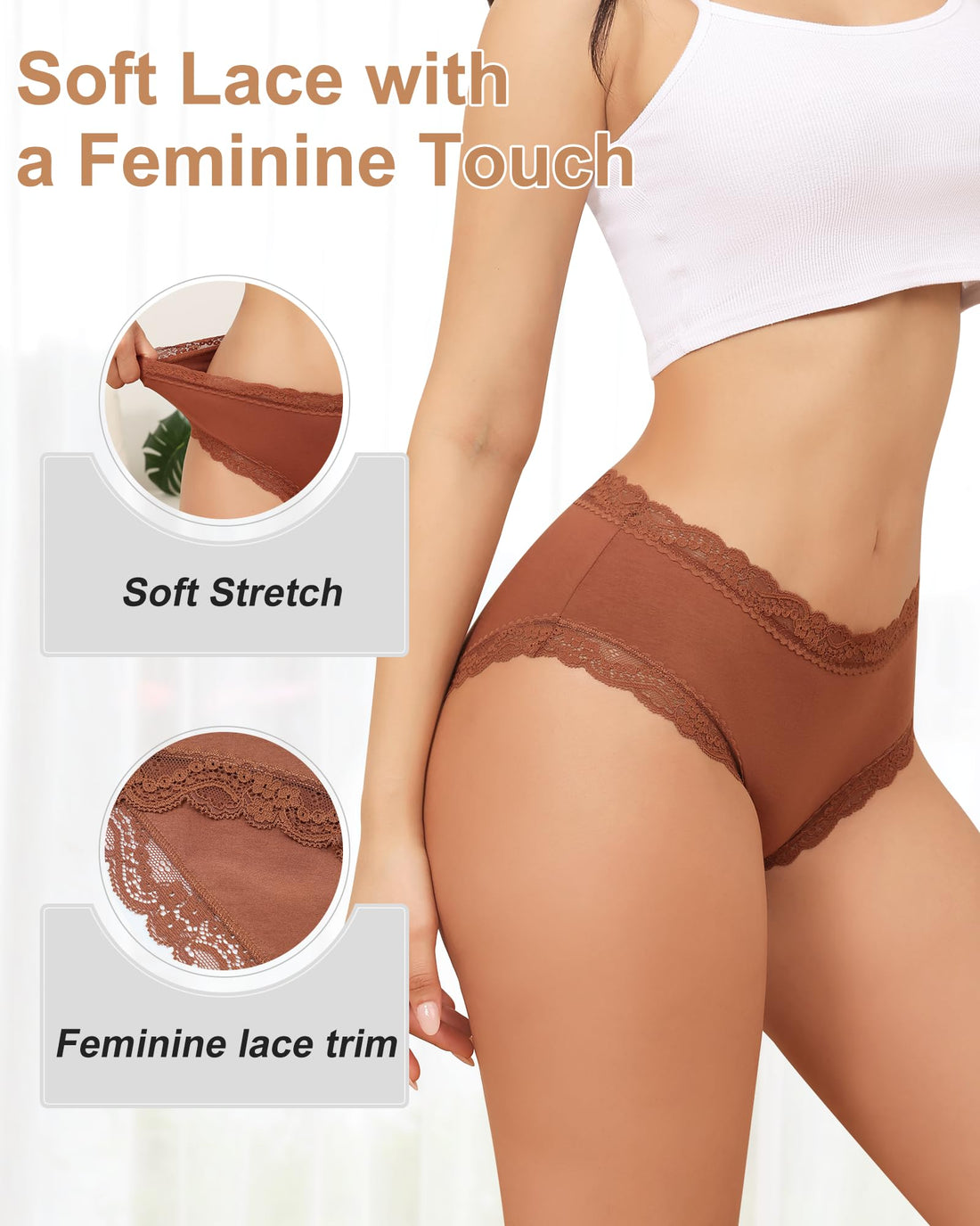 LEVAO Women's Cotton Brief Panties Soft Breathable Lace Trim 5 Pack