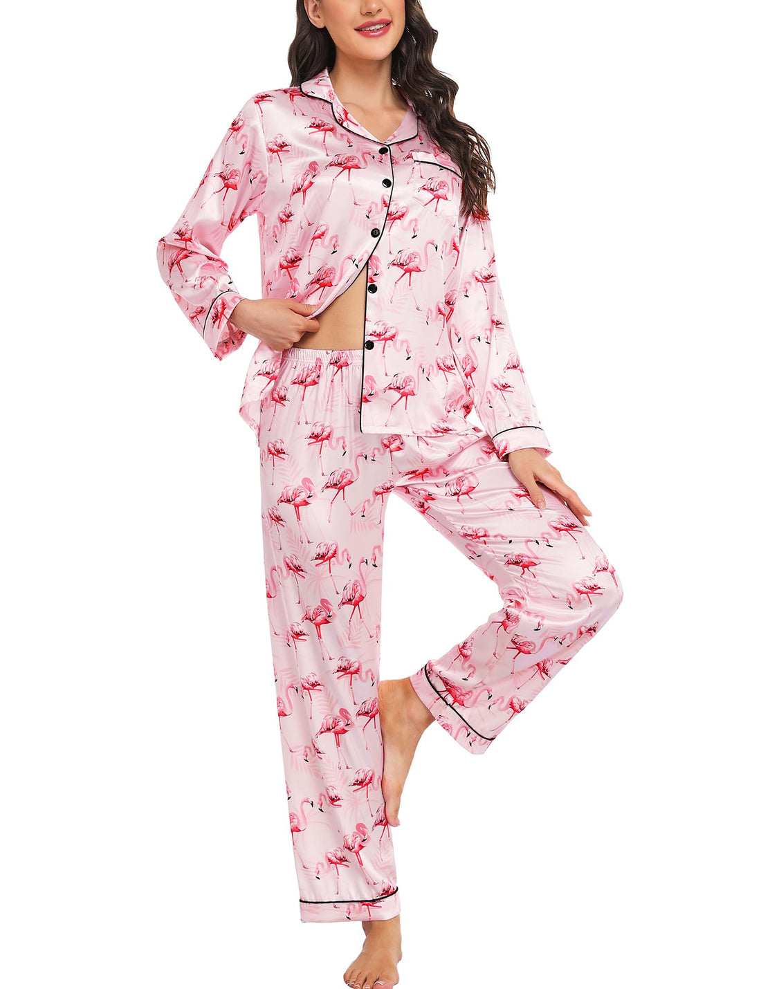 SWOMOG Womens Silk Satin Pajamas Set Long Sleeve Button Down Sleepwear 2 Piece Lounge Set Pj Set XS-3XL