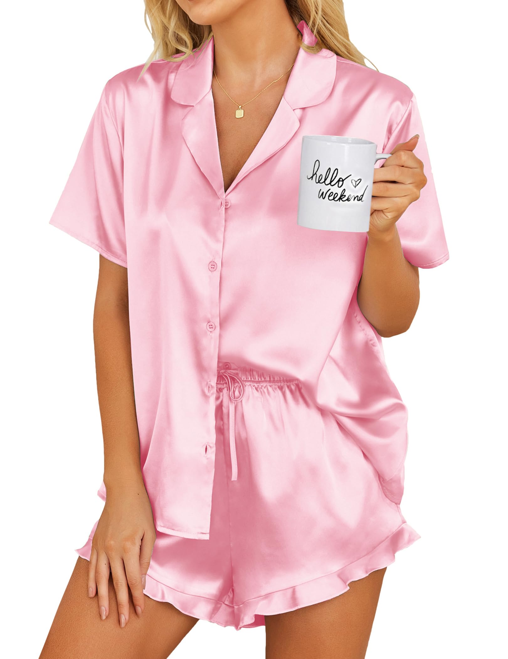 Ekouaer Womens Satin Pajamas Set Button Down Silk Pj Shorts Set with Ruffle