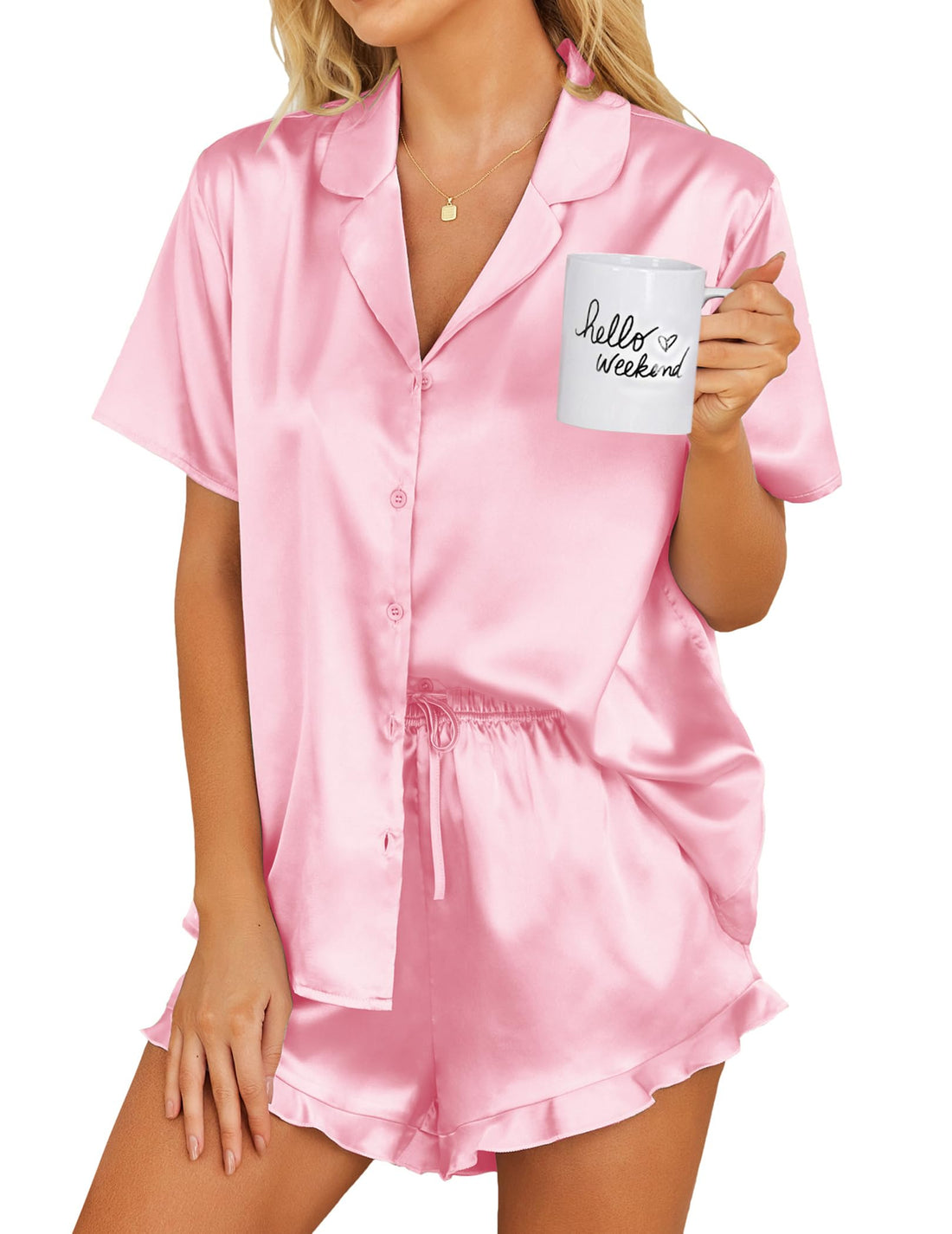 Ekouaer Womens Satin Pajamas Set Button Down Silk Pj Shorts Set with Ruffle