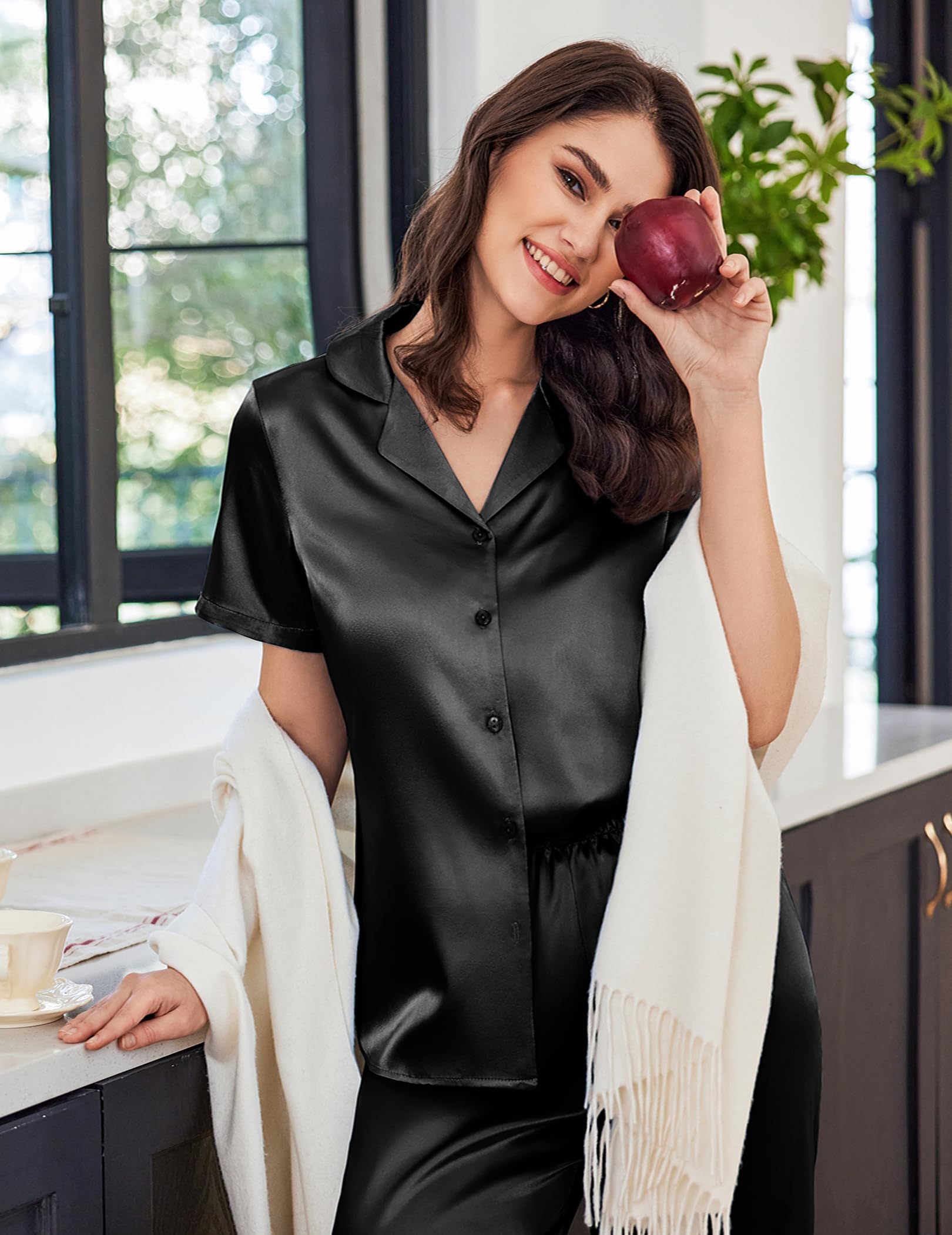Ekouaer Womens Satin Silky Capri Pajamas Short Sleeve Button Down Sleepwear