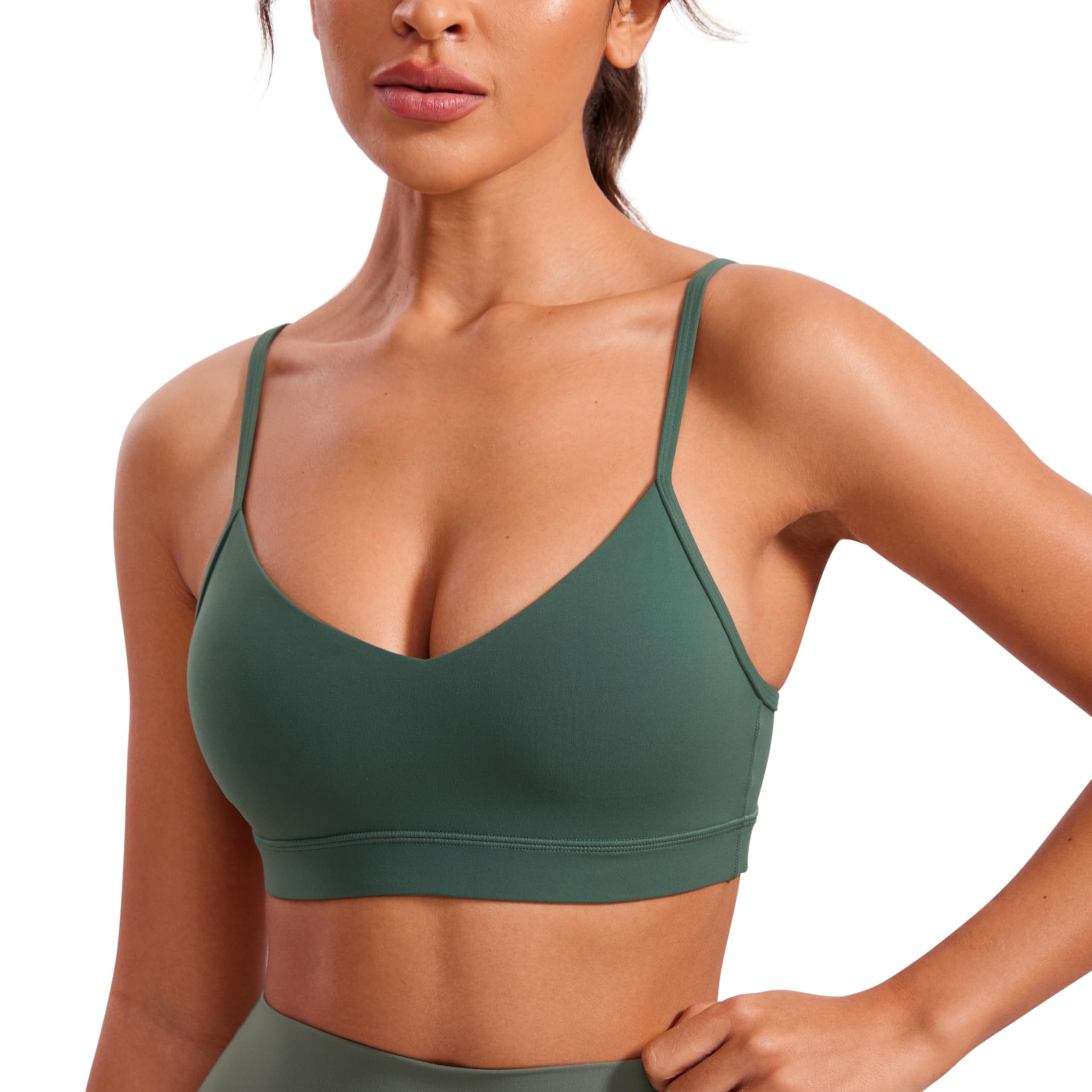 CRZ YOGA Butterluxe V Neck Sports Bras | Light Support, Removable Pads, Yoga, Extremely Soft, Square Back, Adjustable Spaghetti Straps, for Women