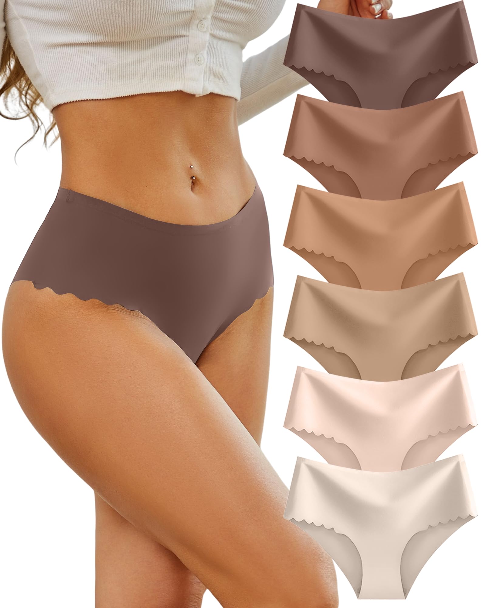 Sth Big High Waisted Seamless Underwear for Women No Show Panties Cheeky Scalloped Edge Bikini Breathable Briefs 6 Pack