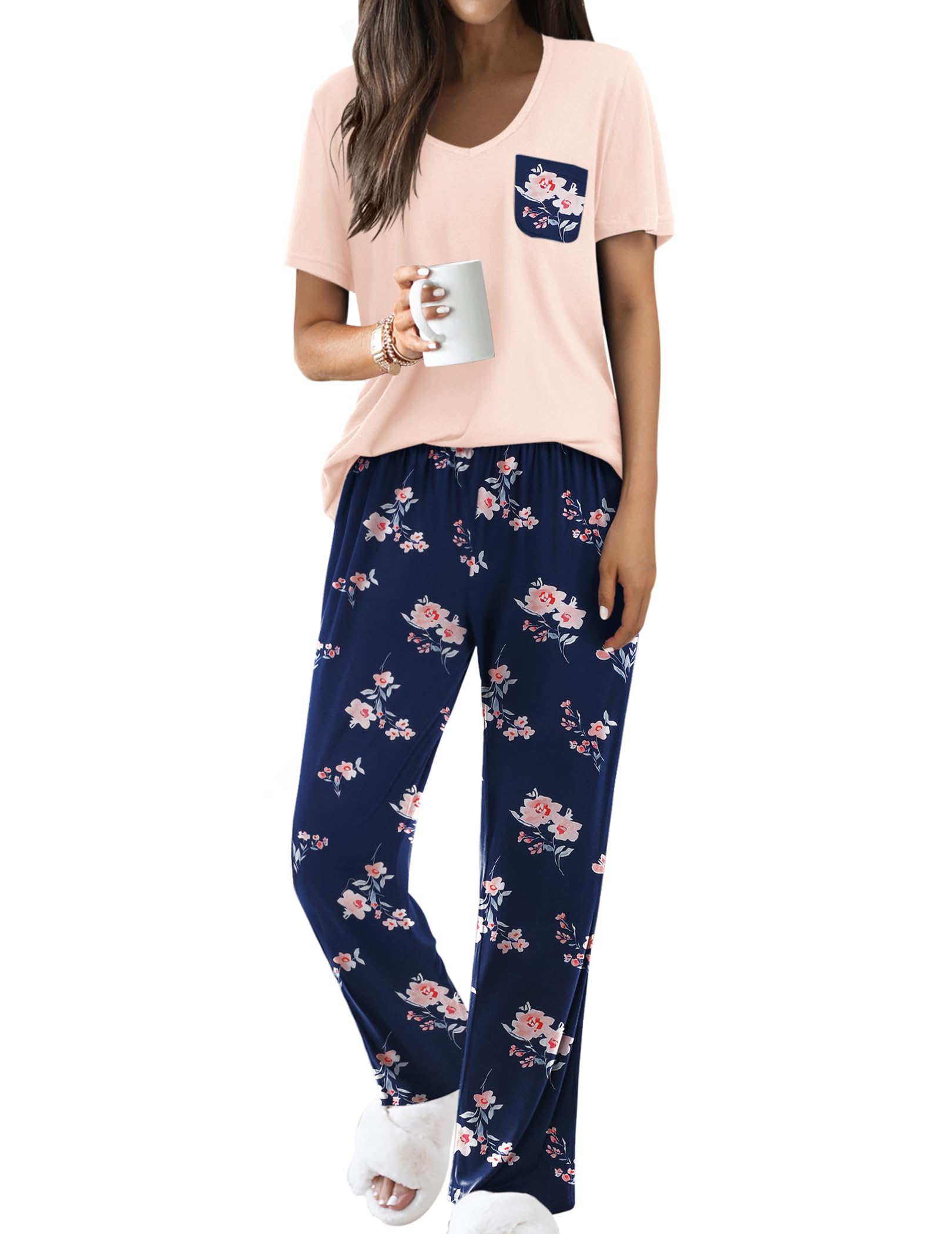 Ekouaer Pajama Sets for Women 2 Piece Short Sleeve Pj V Neck Chest Pocket